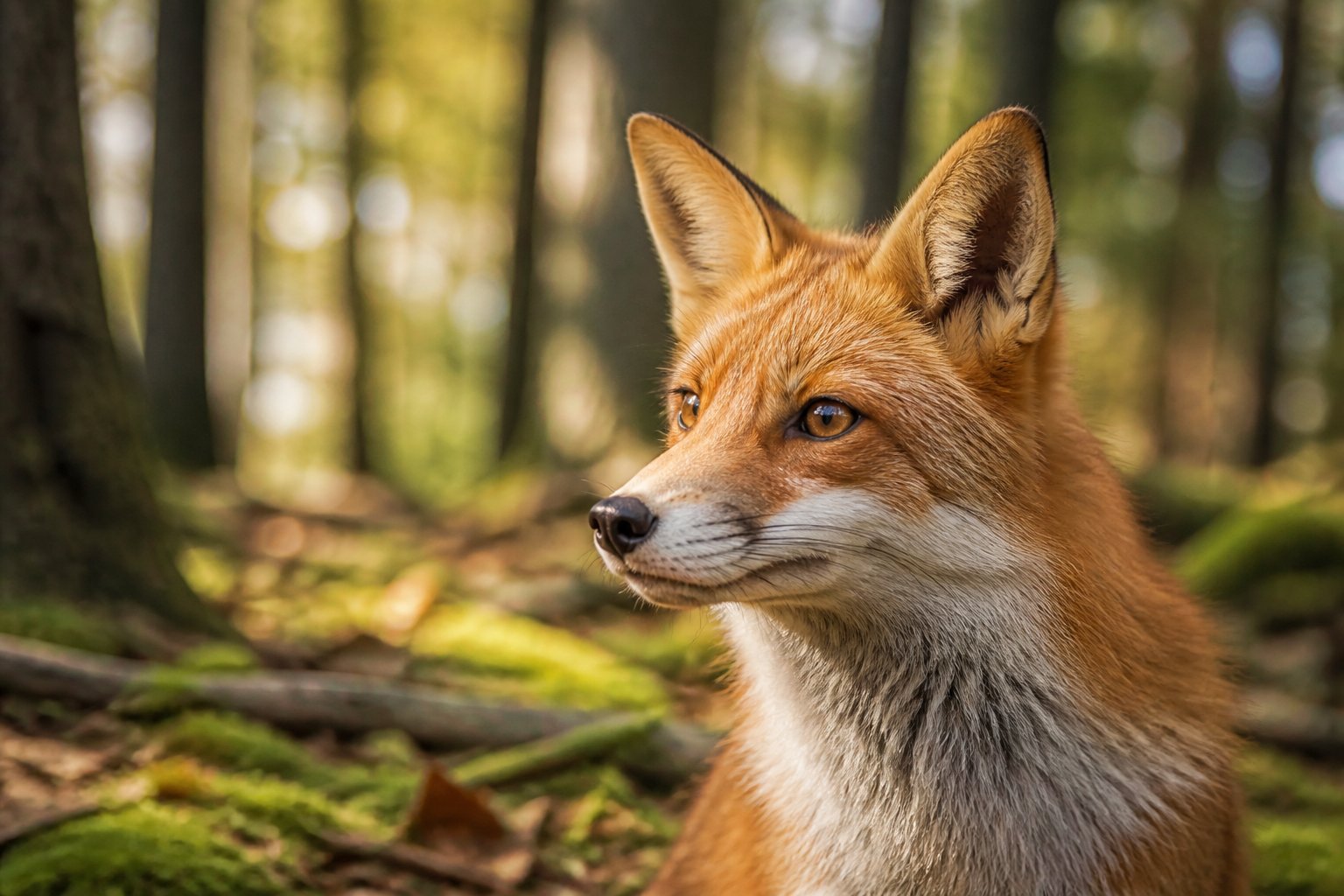 A red fox in a forest with ears perked up, appearing alert and attentive.
