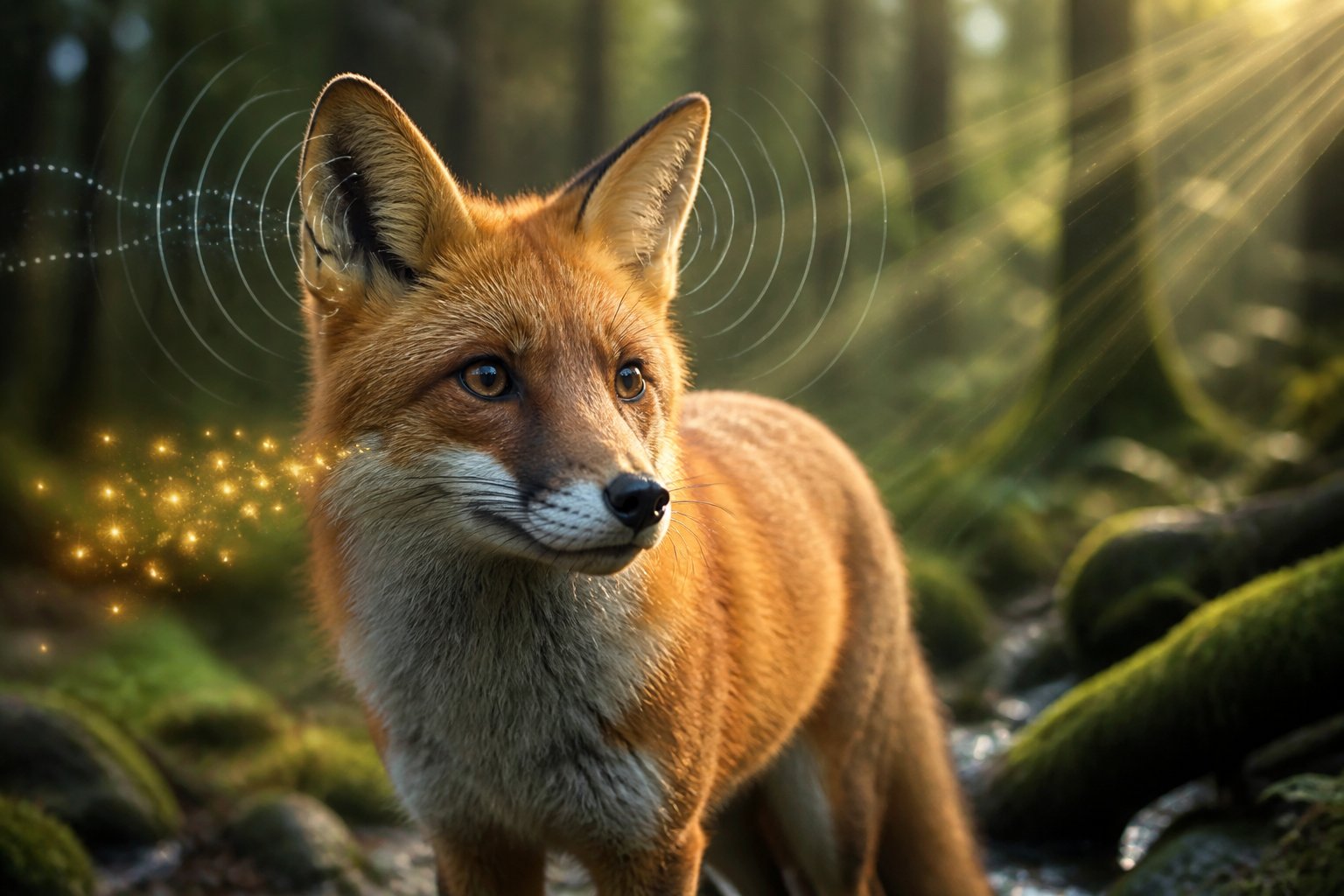 A red fox in a forest with ears perked up, surrounded by subtle visual cues representing sound waves and other senses.