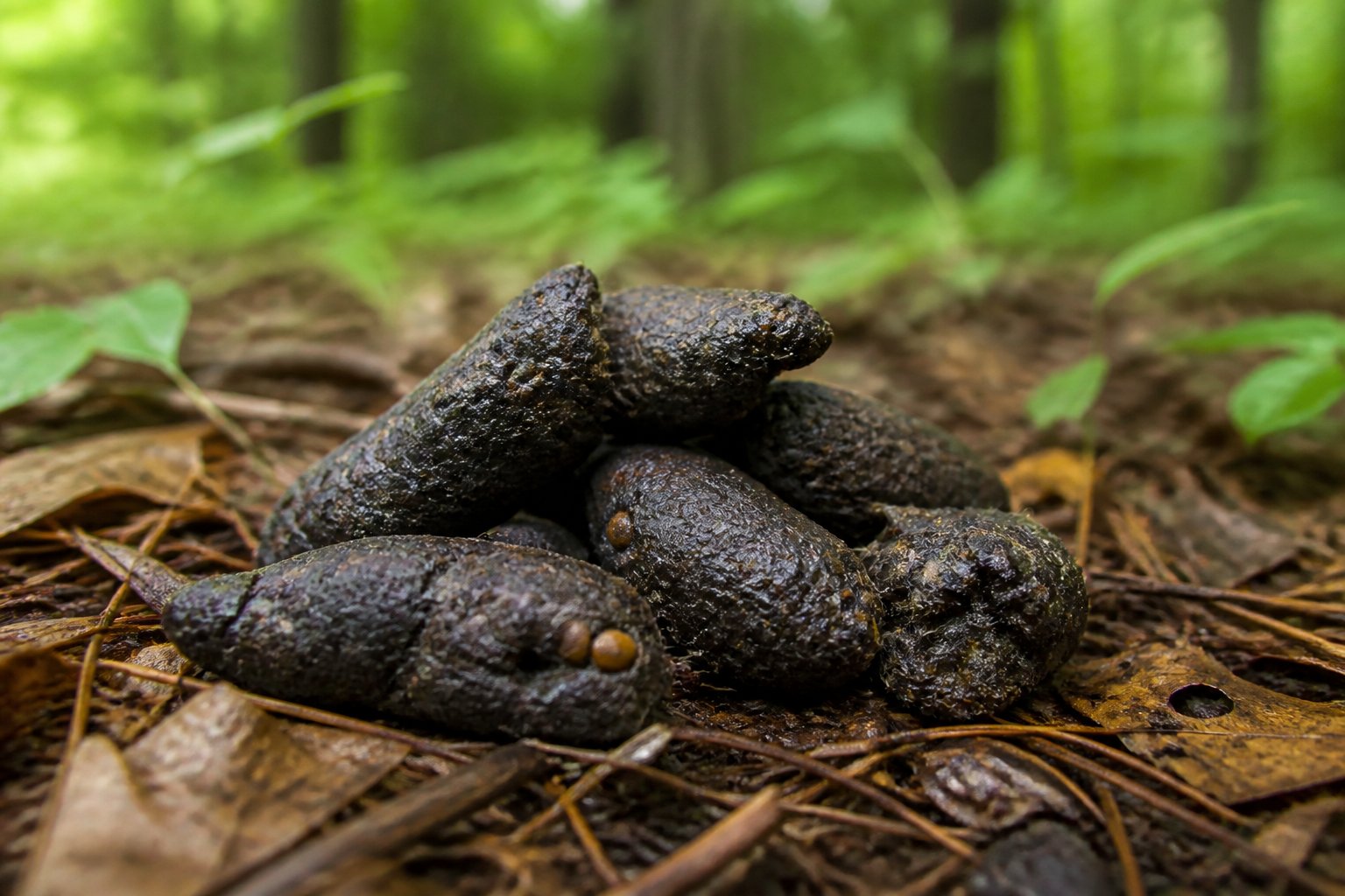 Close-up of fox scat on the forest floor surrounded by leaves and twigs.