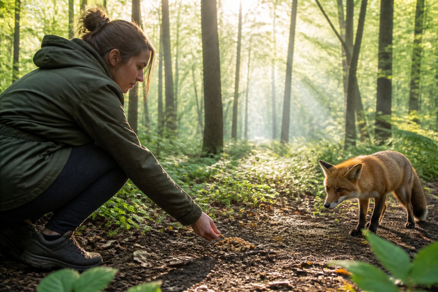 A person feeding a wild fox cautiously in a forest with sunlight filtering through the trees.