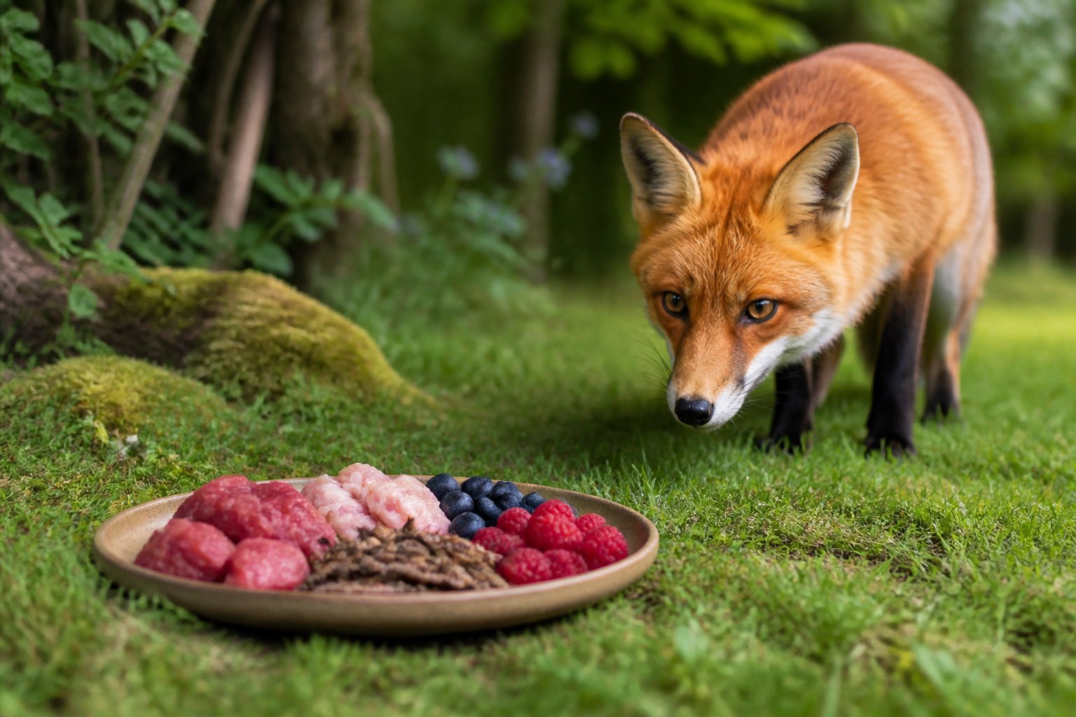 A red fox cautiously approaching a dish of natural food placed on grass near the edge of a forest.