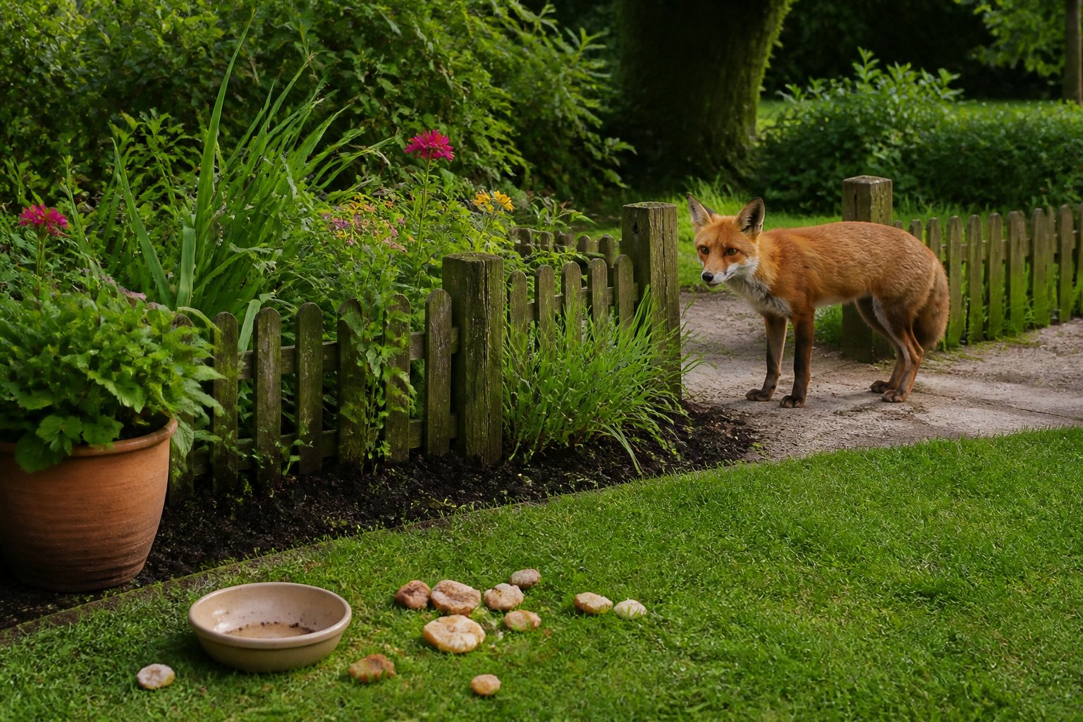 A fox cautiously near a garden with plants and an empty food bowl, showing wildlife in a natural garden setting.