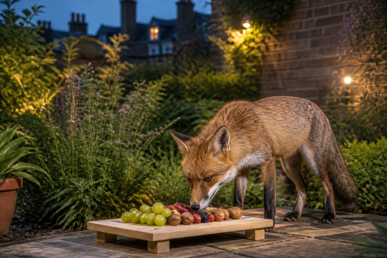 An urban fox eating natural food in a garden with plants and a brick wall in the background.