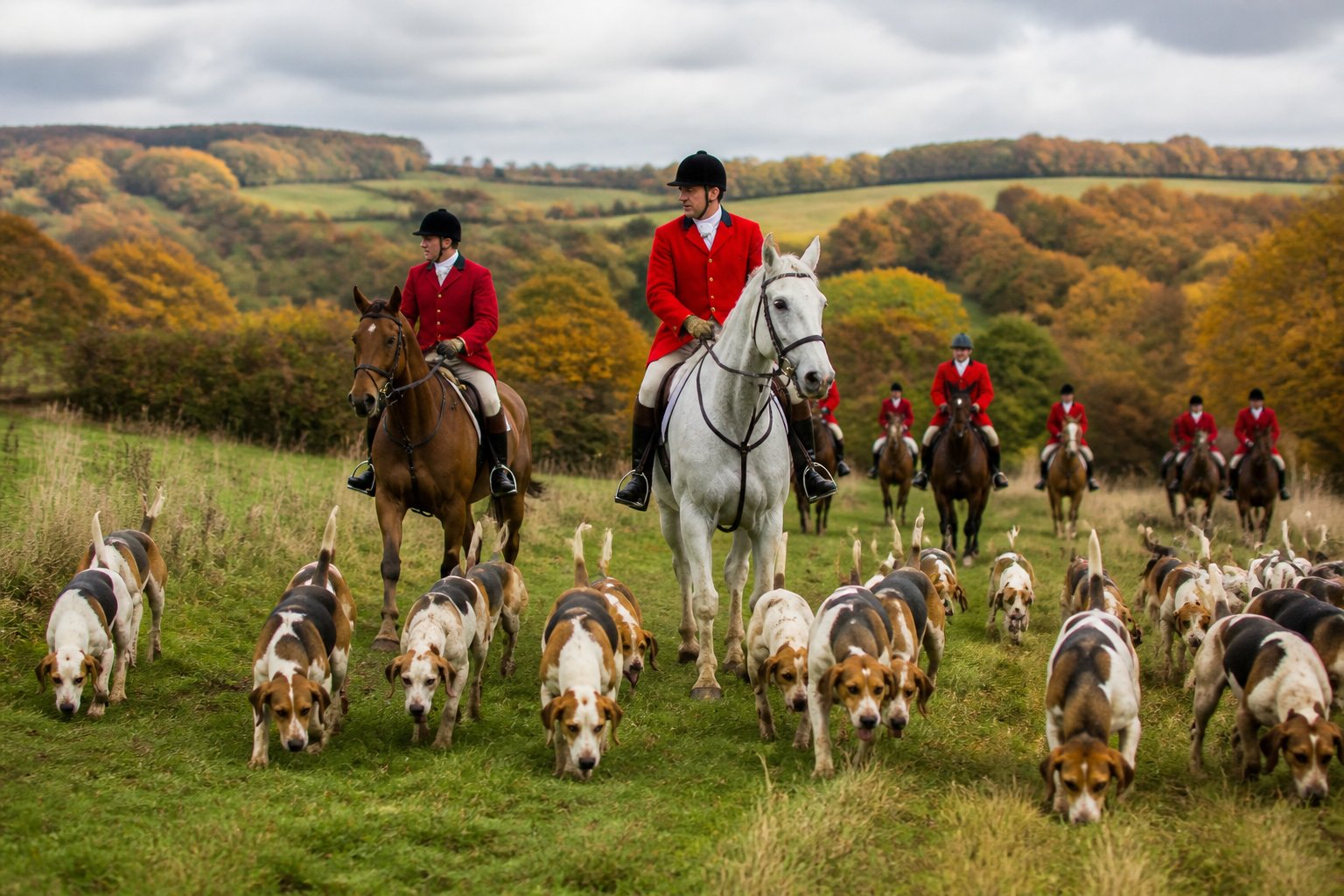 Riders in red jackets on horses with a pack of foxhounds running through a green countryside with autumn trees.