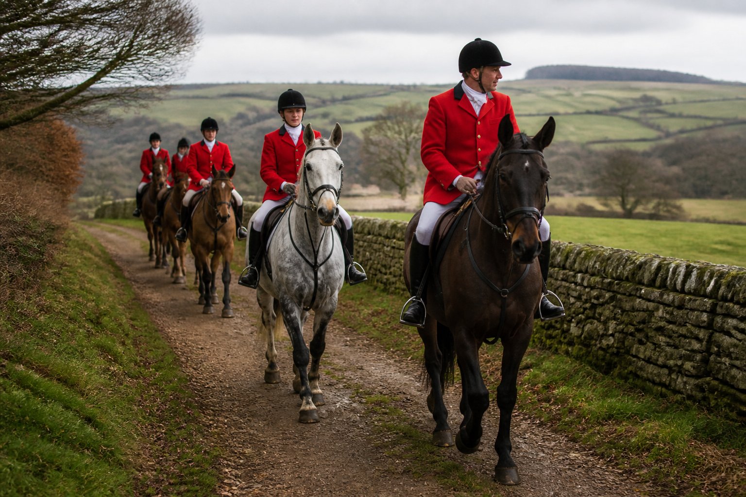 Riders on horseback in traditional fox hunting attire riding through a green countryside with stone walls and trees.