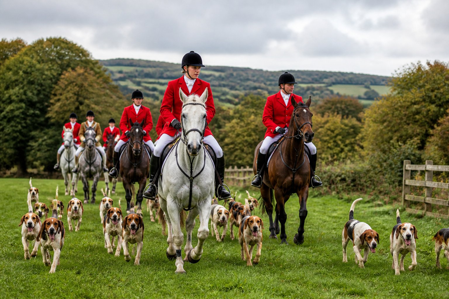 Riders on horseback in red jackets with hunting dogs running beside them in a green countryside setting.