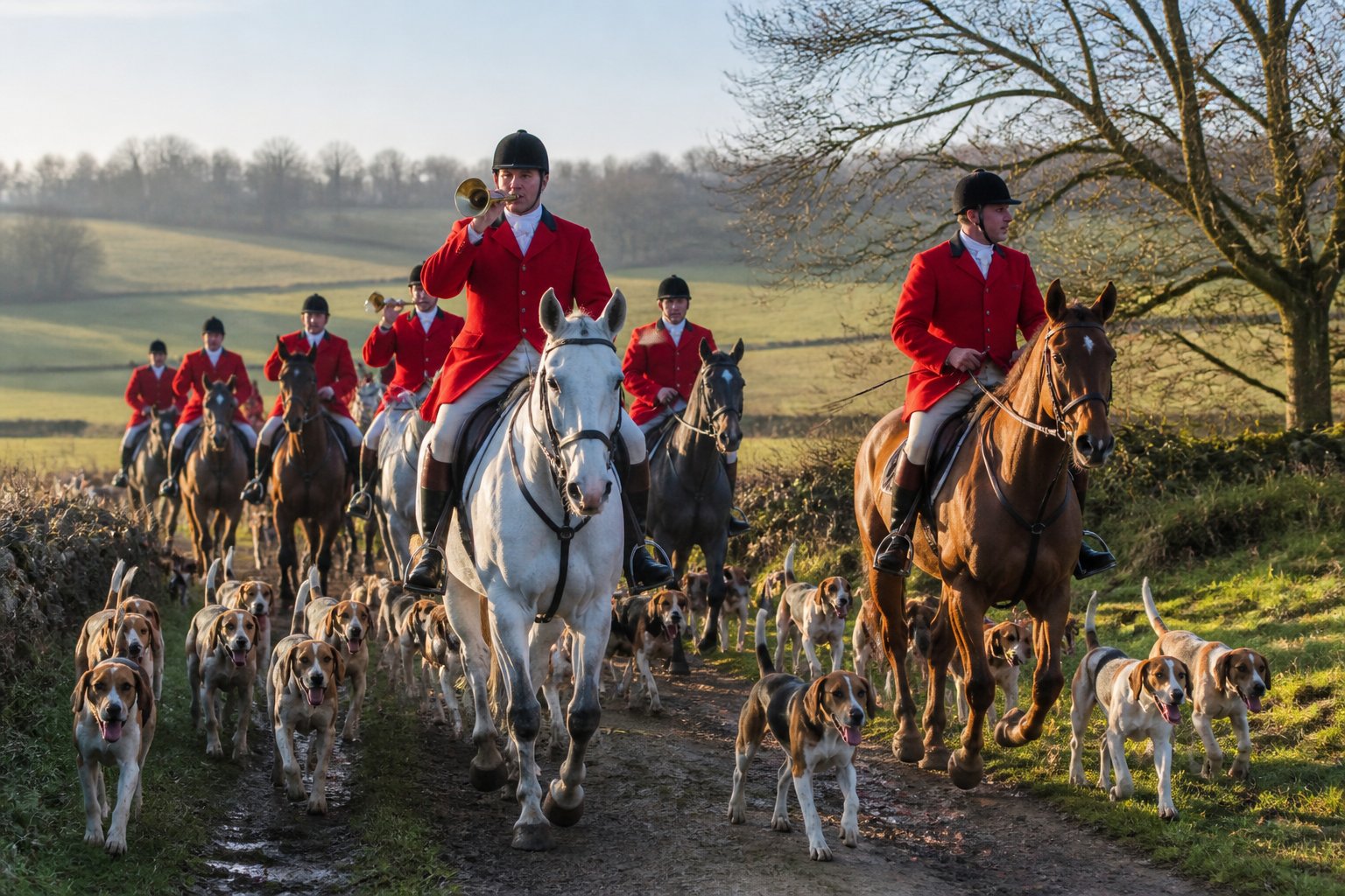 Riders on horseback dressed in traditional fox hunting attire riding along a dirt path with hounds in a countryside landscape.