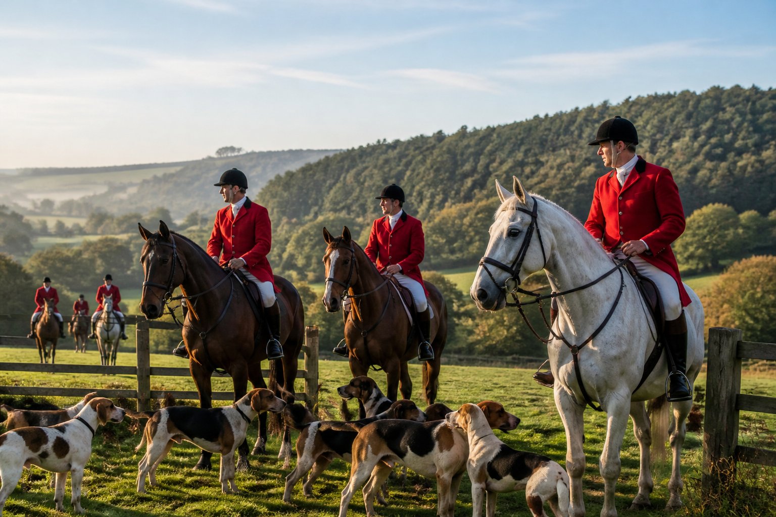 Riders in traditional fox hunting attire on horseback with foxhounds in a peaceful countryside setting.