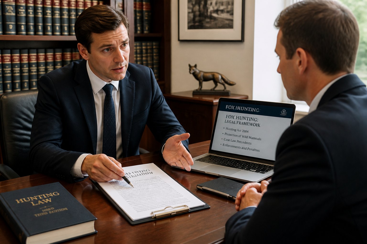 A lawyer and a client discussing legal documents in an office, with bookshelves and a small fox figurine in the background.
