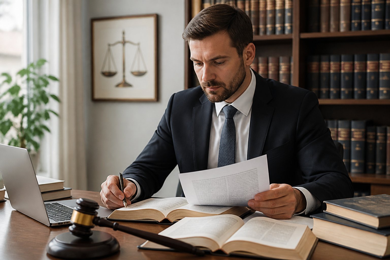 A lawyer in an office reviewing legal documents with law books and a gavel on the desk.