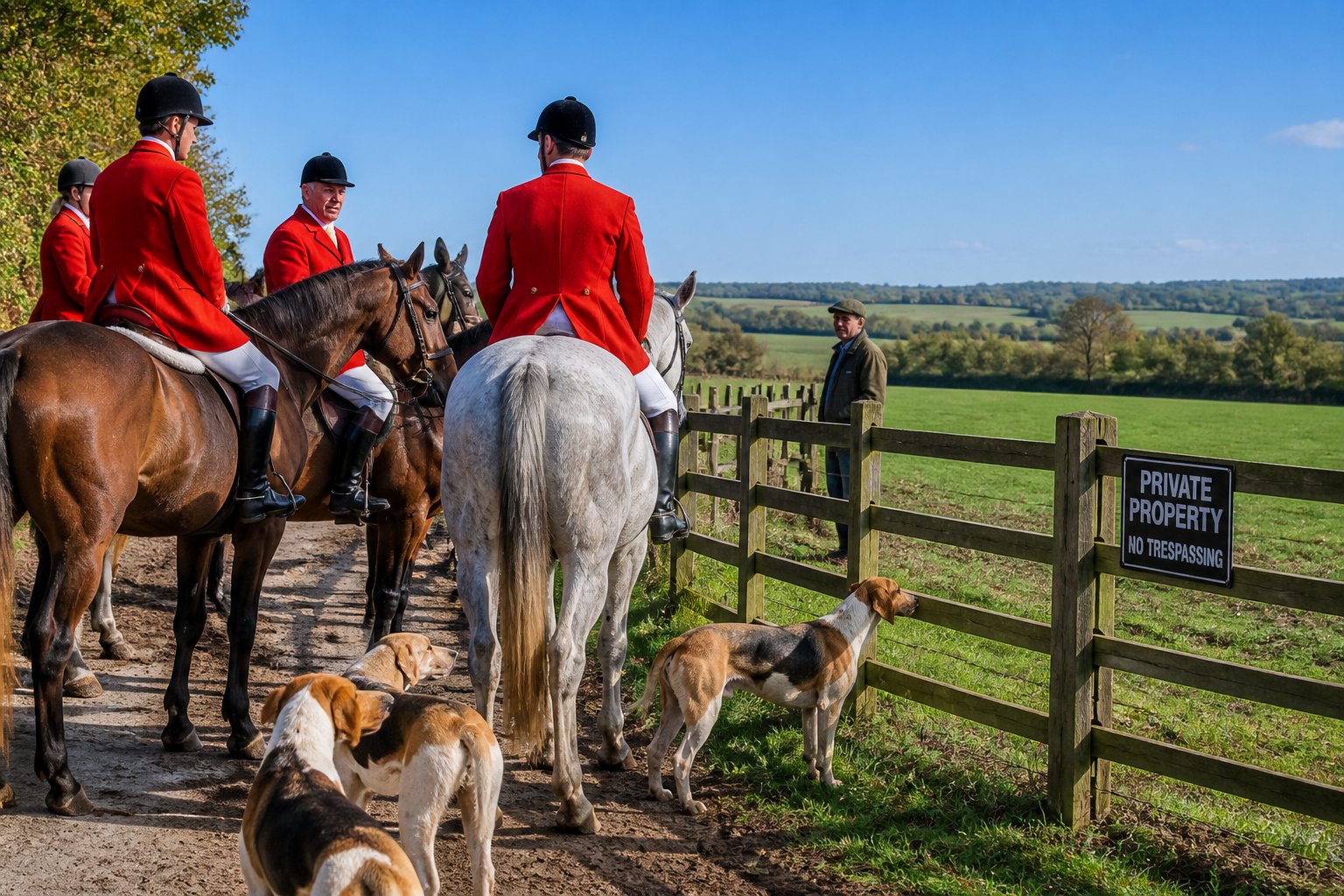 A group of people in traditional fox hunting attire on horseback near a wooden fence marking private farmland, with hunting dogs nearby and a person watching from a distance.