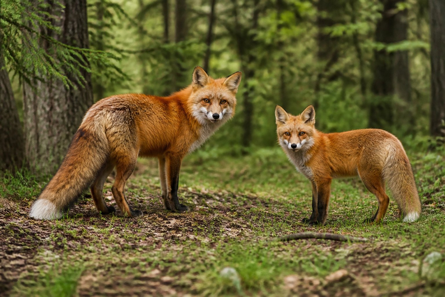 A male and female fox standing close together in a forest clearing surrounded by trees and foliage.