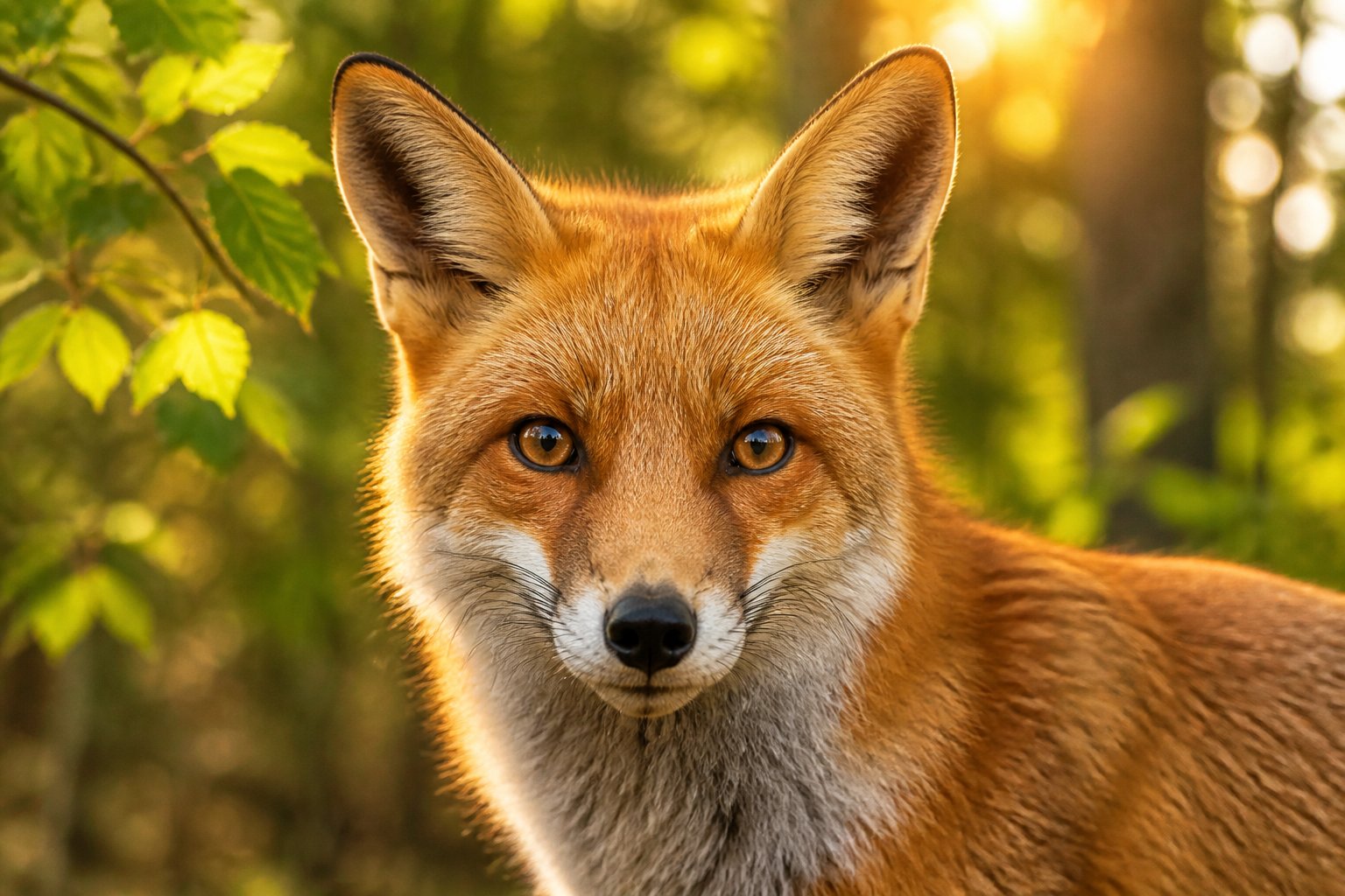 Close-up of a red fox looking directly at the camera in a forest with sunlight filtering through the leaves.