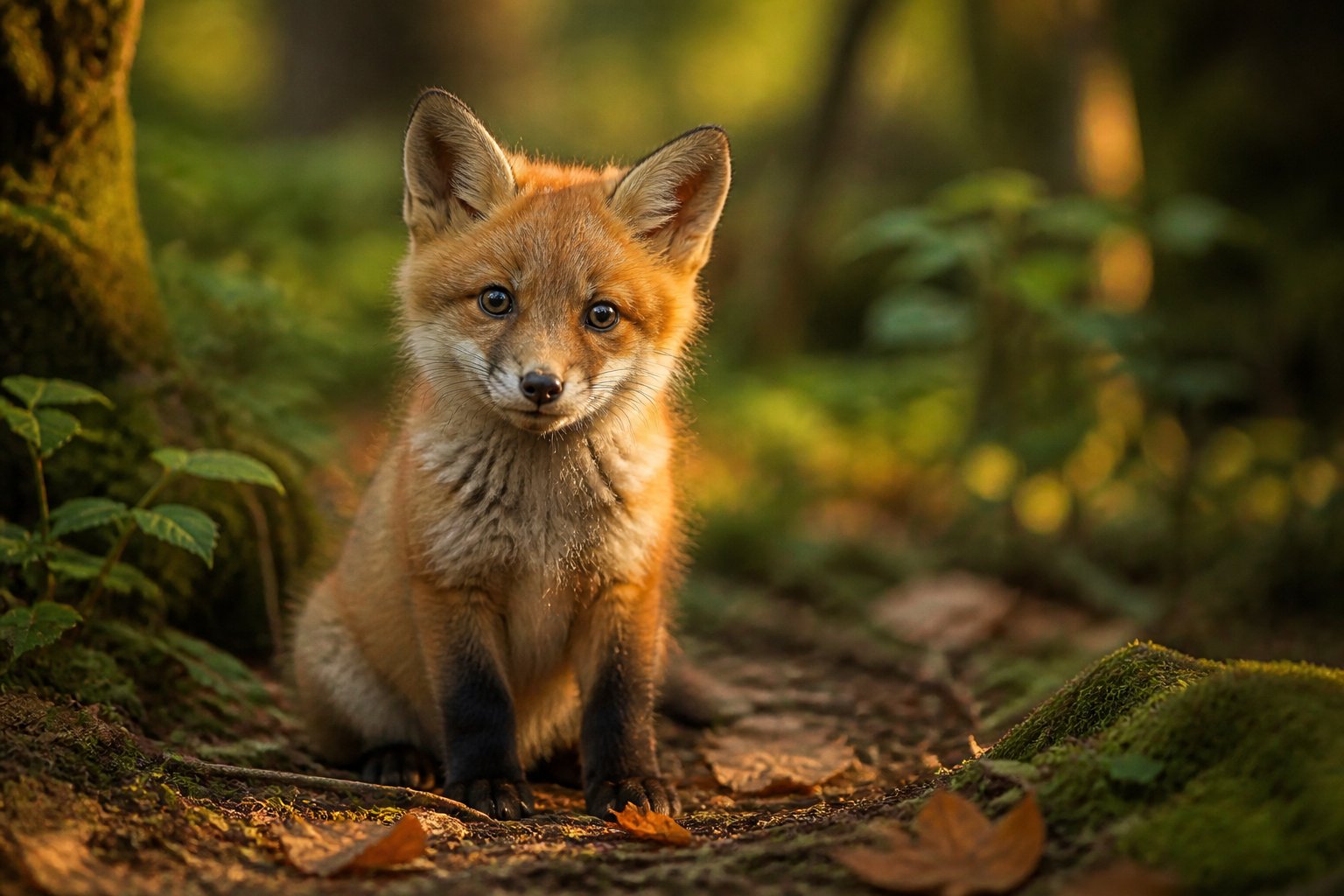 A baby fox sitting alone on the forest floor surrounded by green plants and leaves.