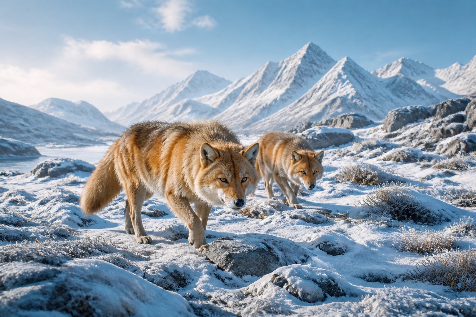 Two fox-like animals with thick fur walking across a snowy landscape with mountains in the background.