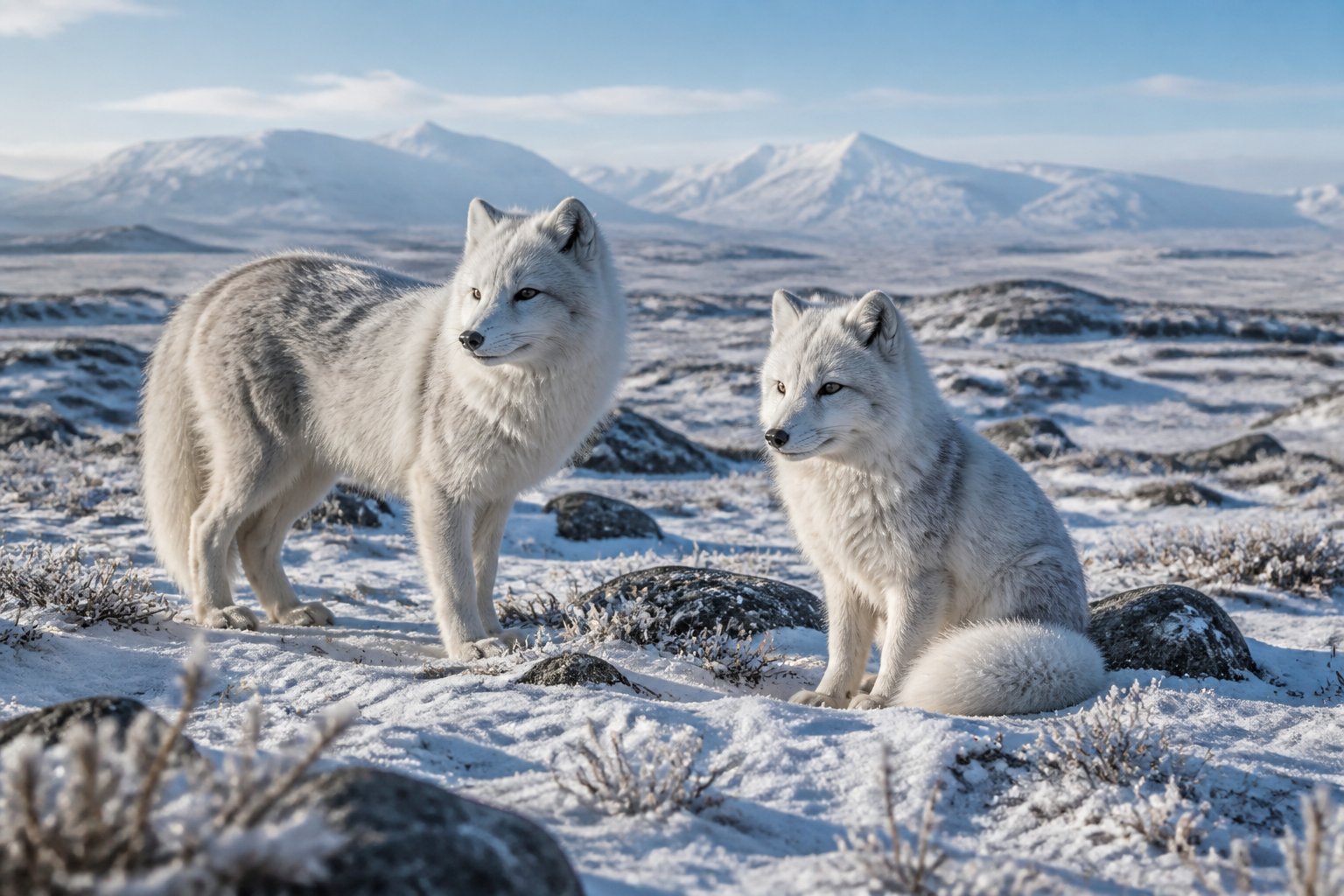 Two foxes with thick winter fur in a snowy, rocky Ice Age landscape with distant mountains.