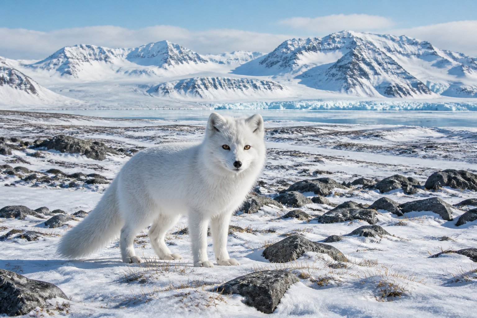 An Arctic fox standing on snowy terrain with mountains and glaciers in the background during the Ice Age.
