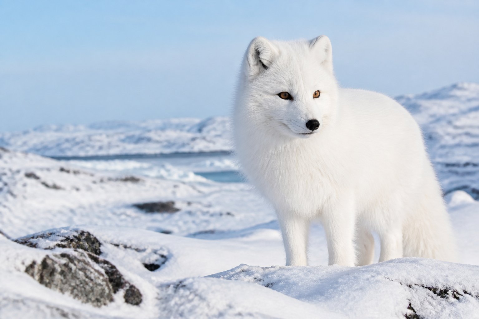 An Arctic fox standing on snow-covered ground in a cold, icy landscape.