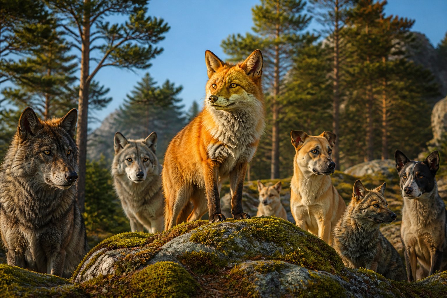 A red fox standing on a mossy rock in a forest with trees and other wild canids in the background.