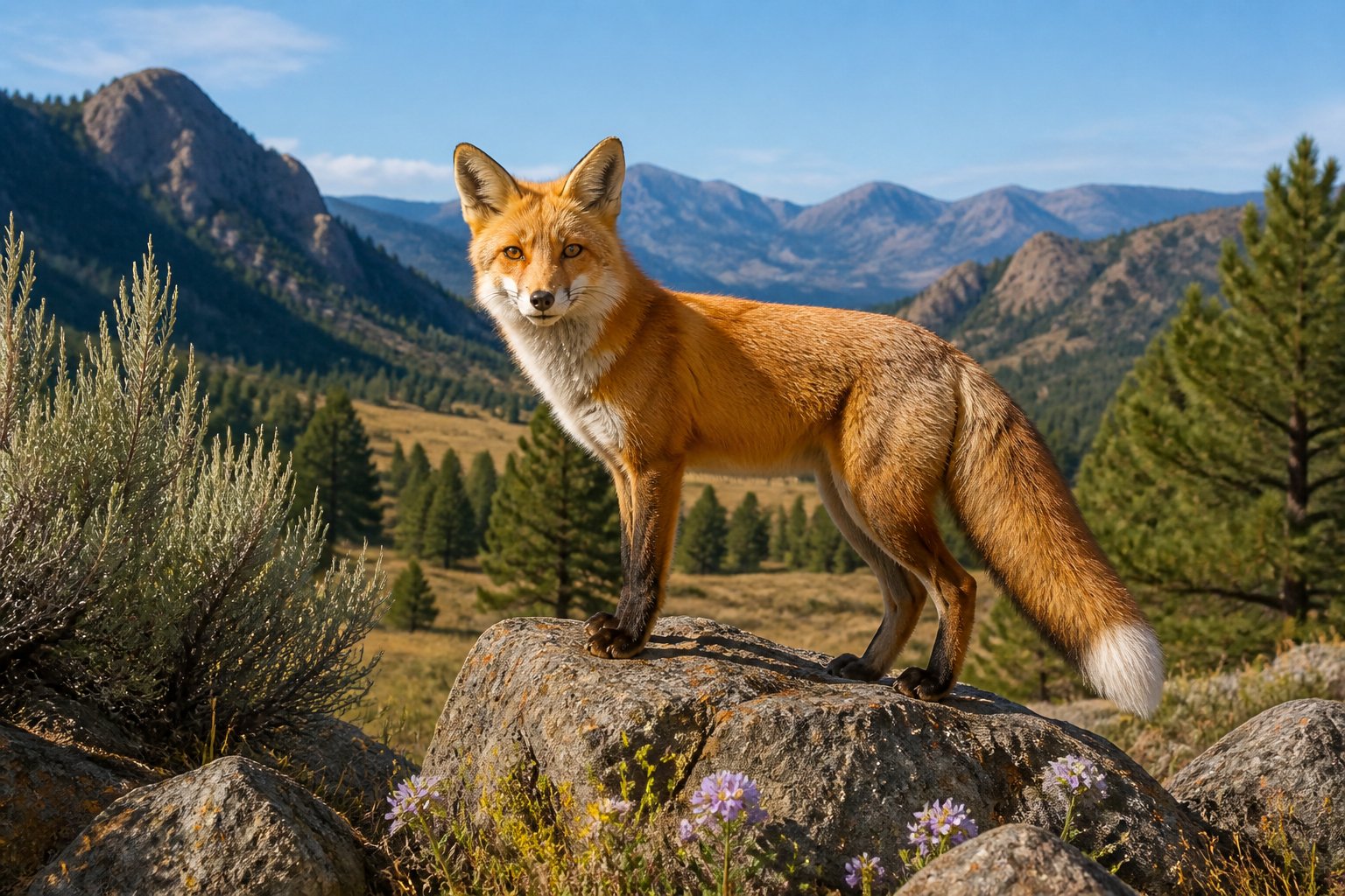 A red fox standing on a rocky area with pine trees and mountains in the background.