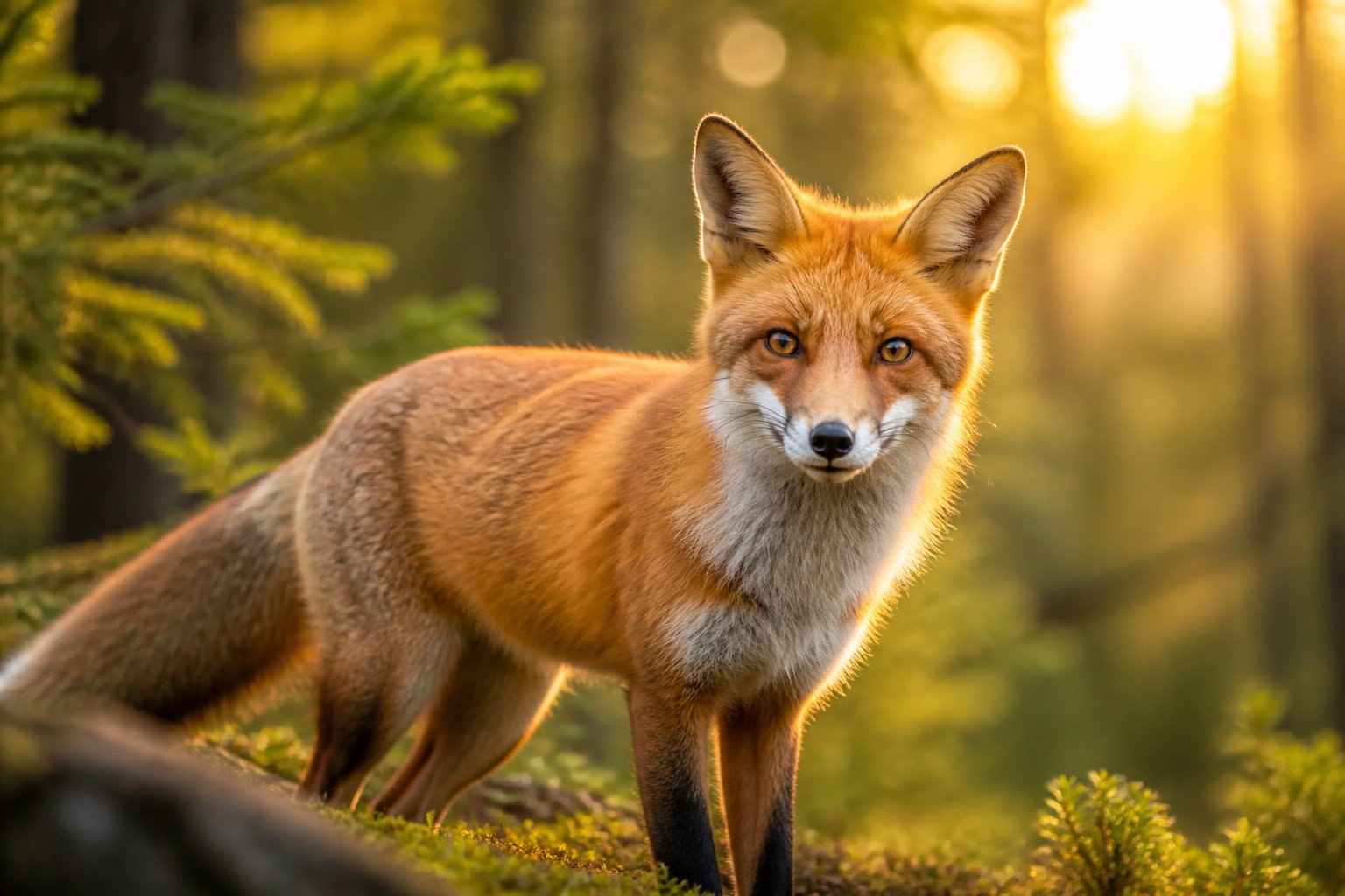 A red fox standing alert in a forest with green foliage and soft sunlight filtering through the trees.