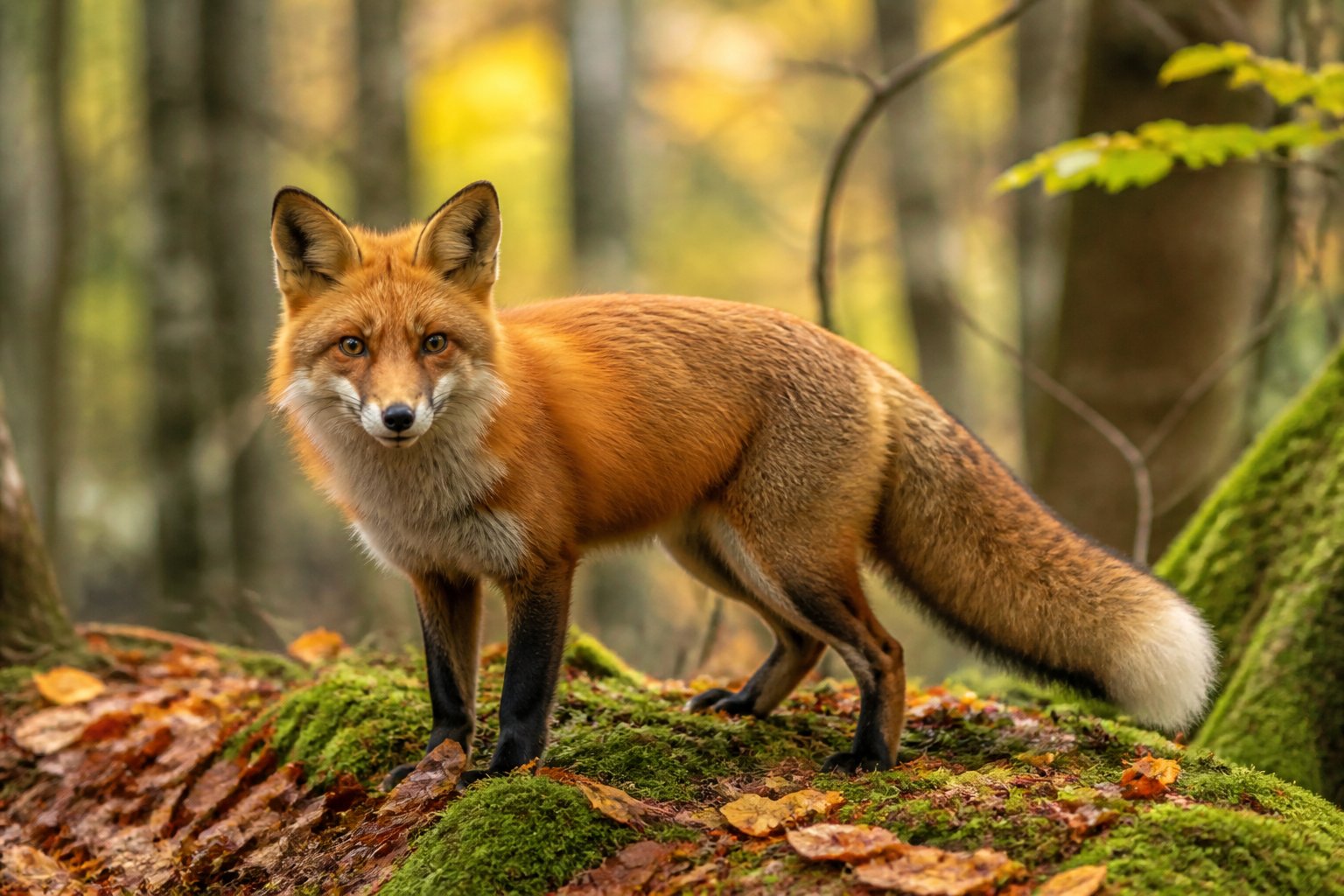 A red fox standing on a forest floor covered with leaves, surrounded by trees and sunlight filtering through the foliage.