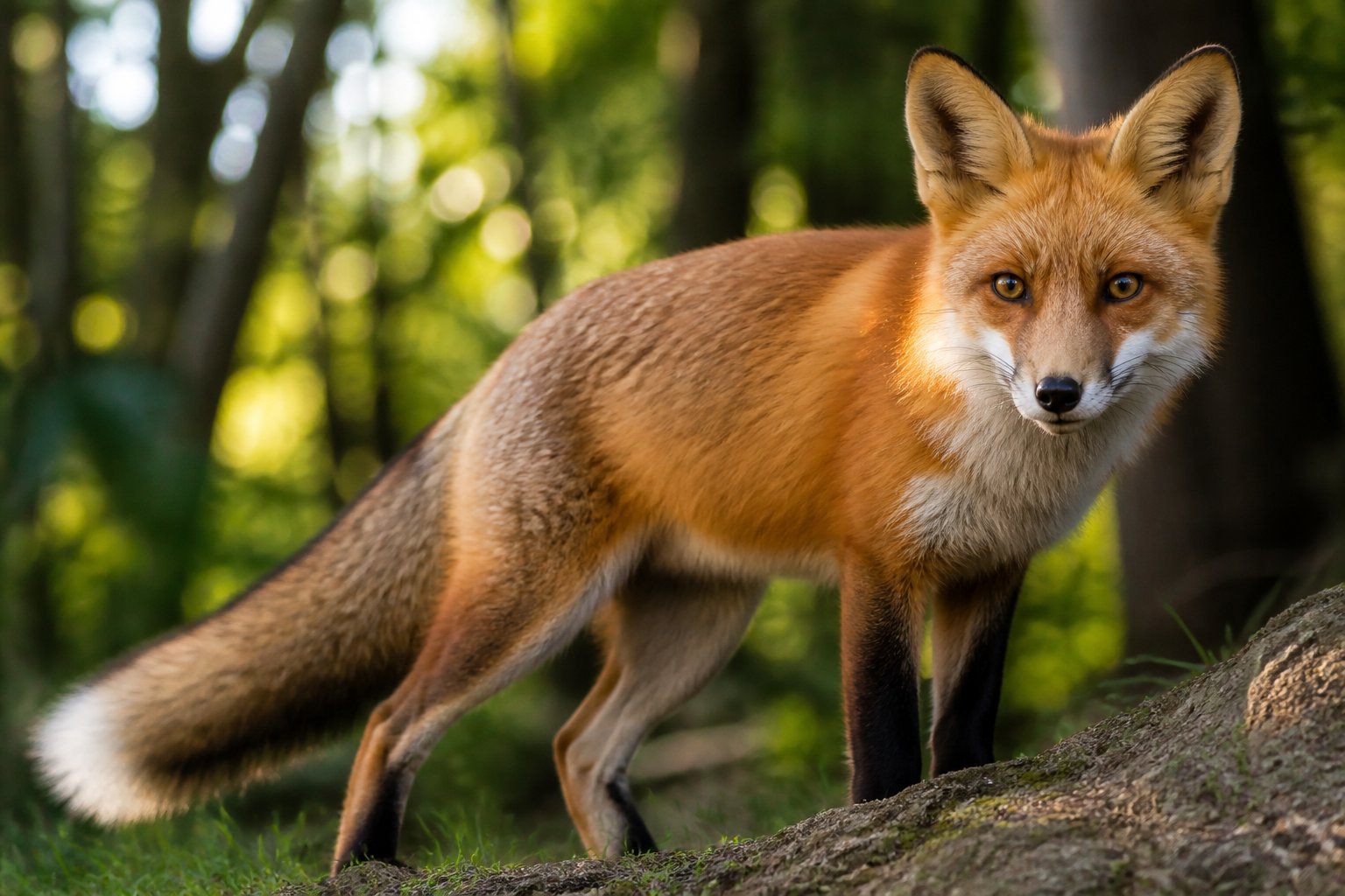 A red fox looking directly at the camera in a forest with green foliage and sunlight.
