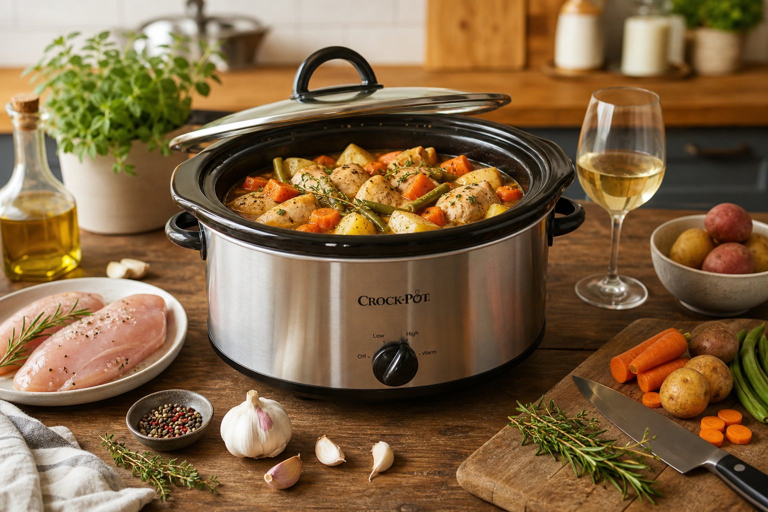 27 Crockpot Chicken Recipes for Effortless Weeknight Dinners 2 A slow cooker filled with chicken and vegetables on a wooden table surrounded by fresh ingredients and kitchen tools.