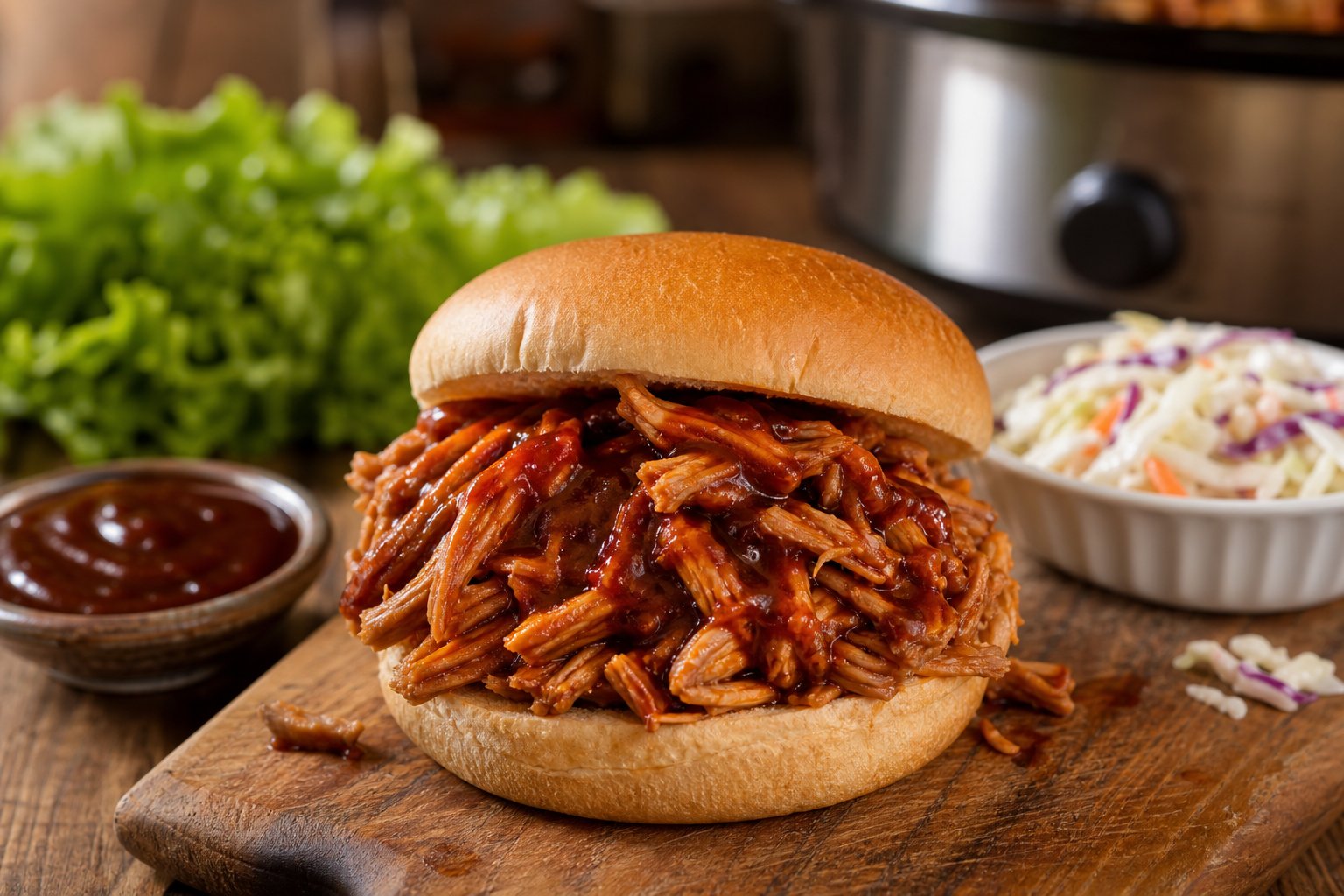 27 Crockpot Chicken Recipes for Effortless Weeknight Dinners 3 A shredded BBQ chicken sandwich on a bun with lettuce and coleslaw on a wooden table.
