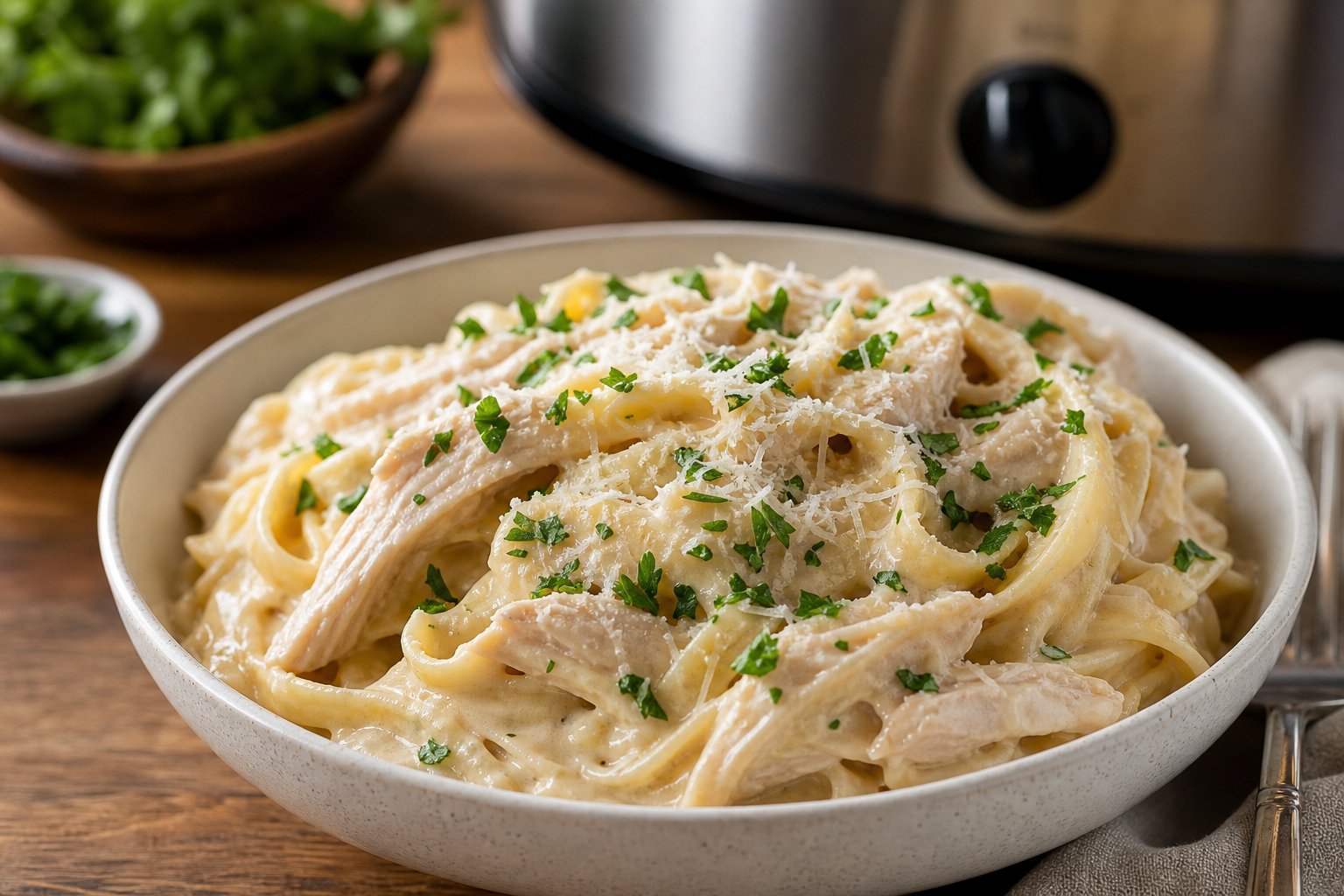 27 Crockpot Chicken Recipes for Effortless Weeknight Dinners 4 Bowl of creamy chicken Alfredo pasta garnished with parsley on a wooden table with a slow cooker in the background.