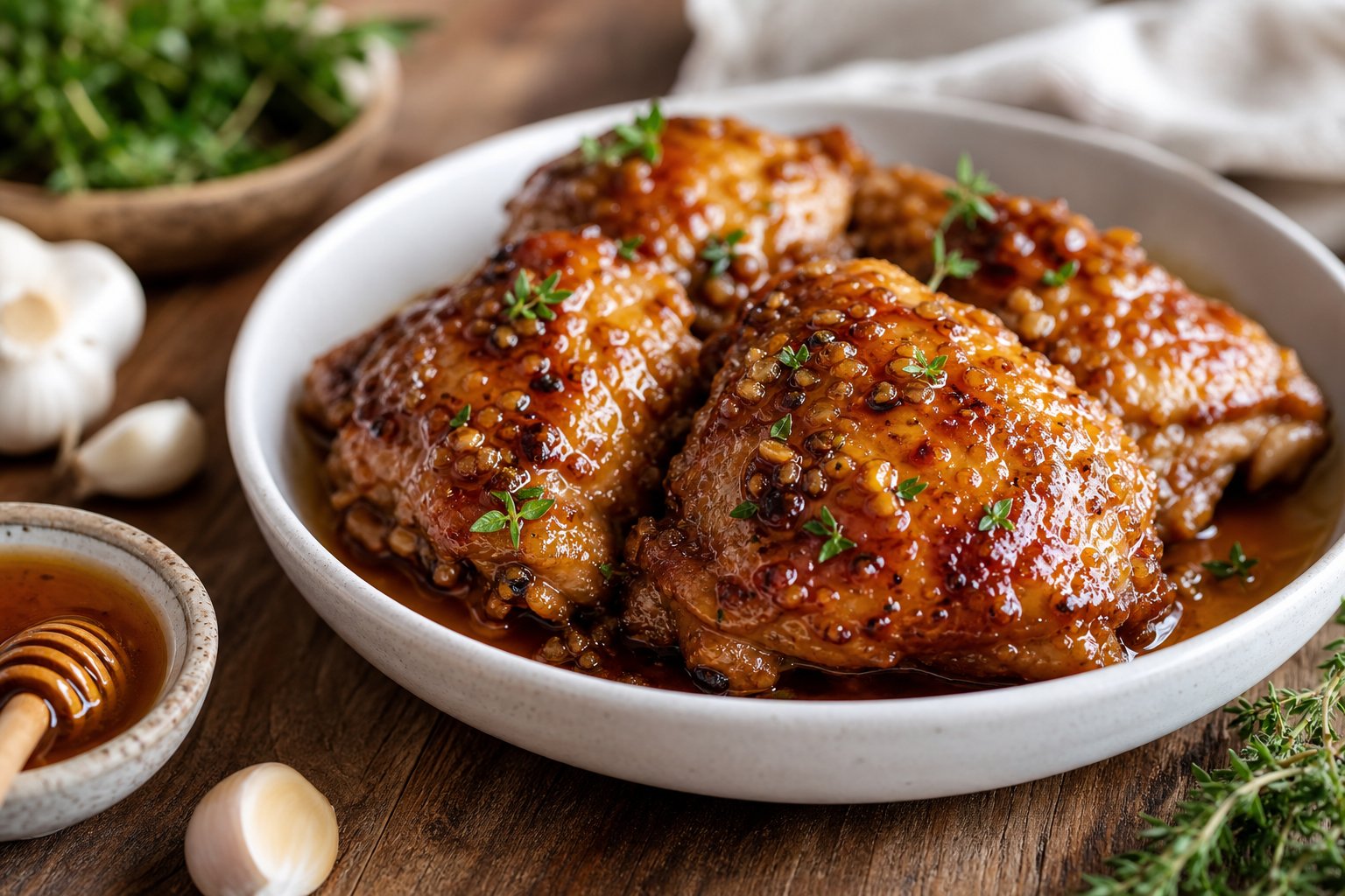 27 Crockpot Chicken Recipes for Effortless Weeknight Dinners 5 A bowl of honey garlic slow-cooker chicken thighs garnished with fresh herbs on a wooden table with honey and garlic nearby.