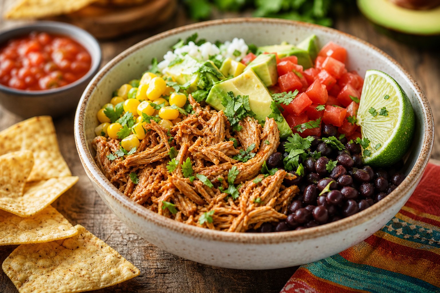 27 Crockpot Chicken Recipes for Effortless Weeknight Dinners 6 A bowl of shredded crockpot chicken taco topped with avocado, tomatoes, black beans, corn, and cilantro on a wooden table with tortilla chips and salsa nearby.