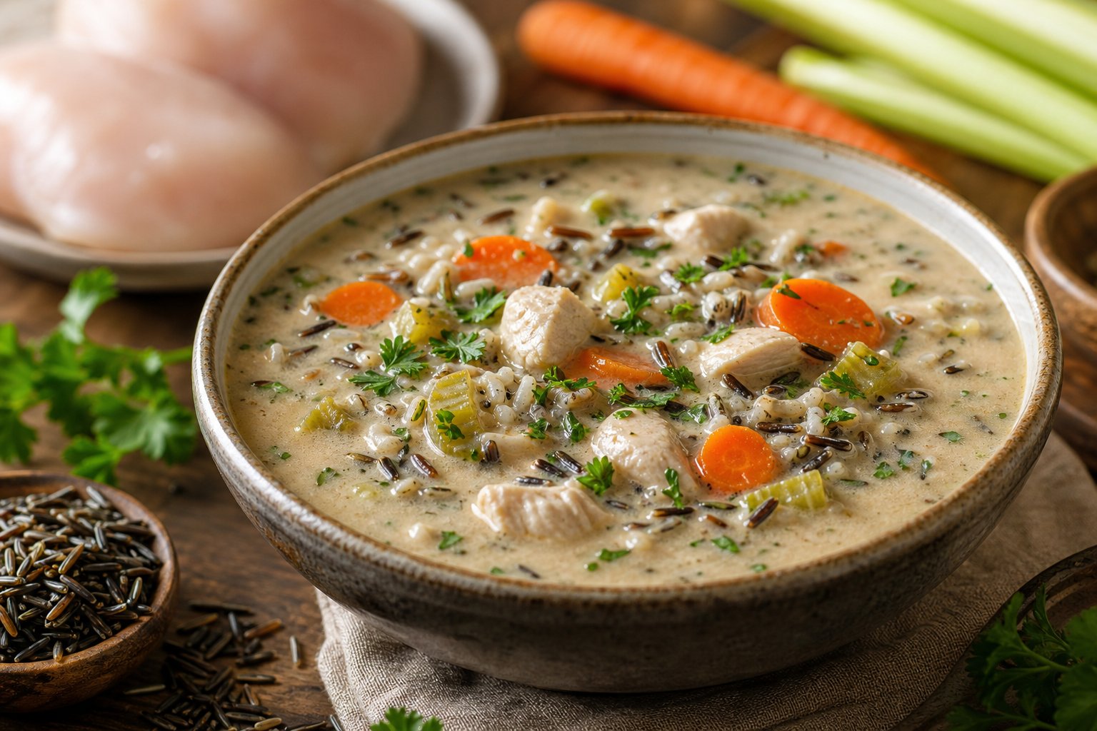 27 Crockpot Chicken Recipes for Effortless Weeknight Dinners 7 A bowl of slow cooker chicken and wild rice soup with vegetables on a wooden table, surrounded by fresh ingredients.