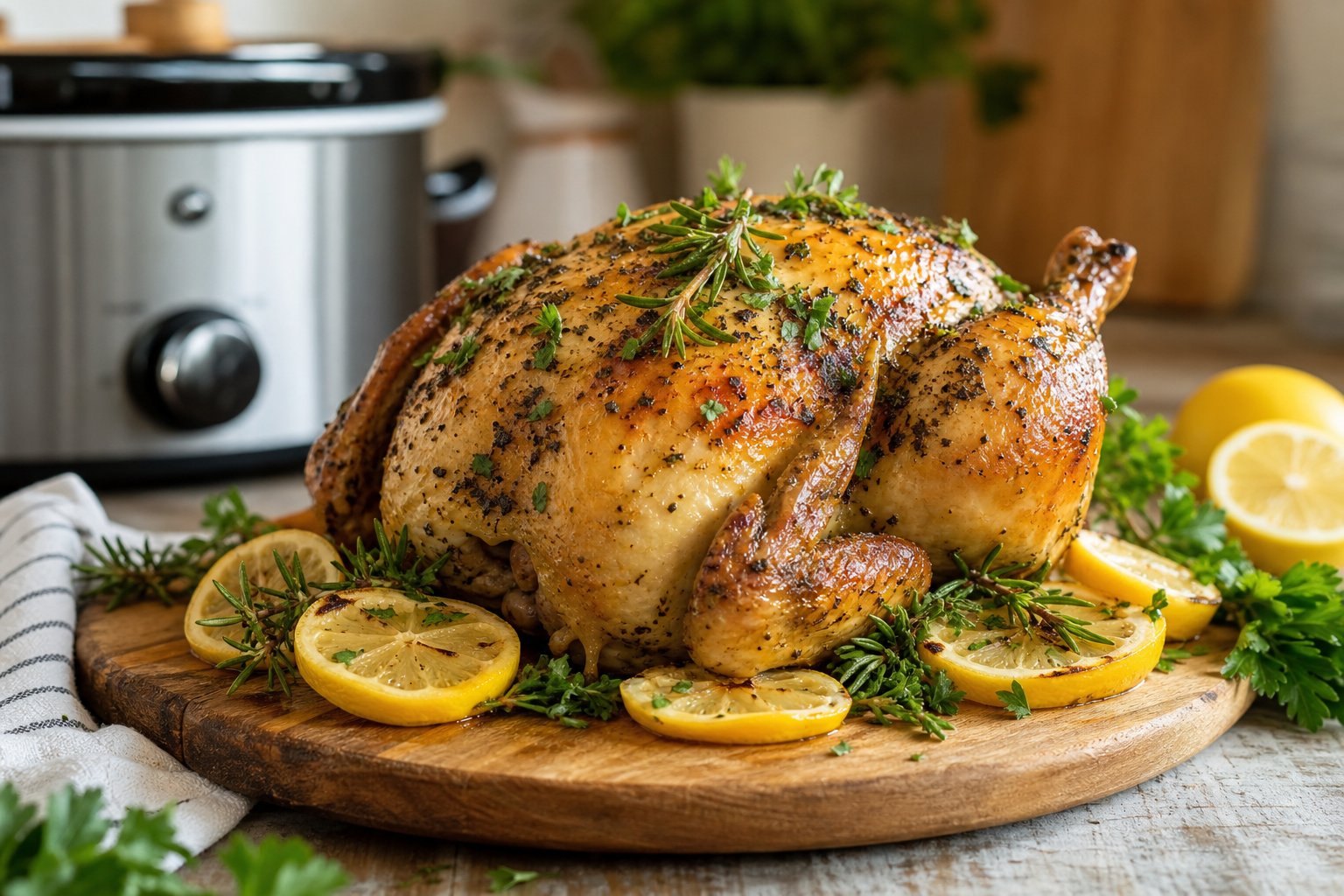 27 Crockpot Chicken Recipes for Effortless Weeknight Dinners 8 A whole roasted chicken garnished with lemon slices and fresh herbs on a wooden board in a kitchen setting.
