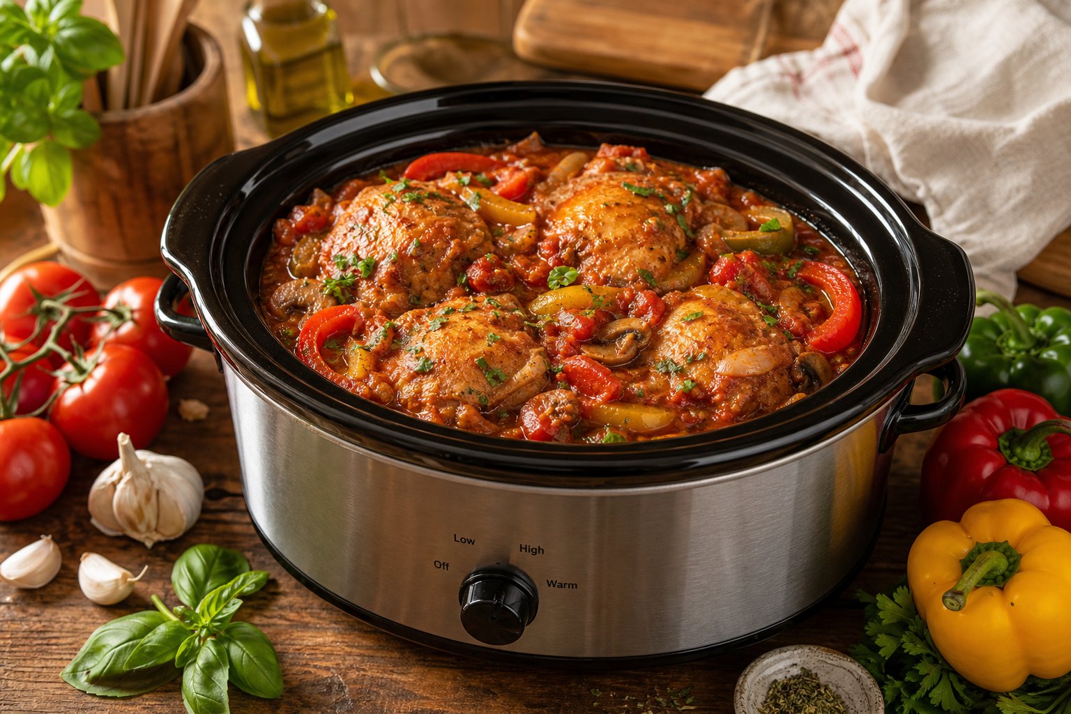 27 Crockpot Chicken Recipes for Effortless Weeknight Dinners 9 A crockpot filled with Chicken Cacciatore on a wooden table surrounded by fresh vegetables and herbs.