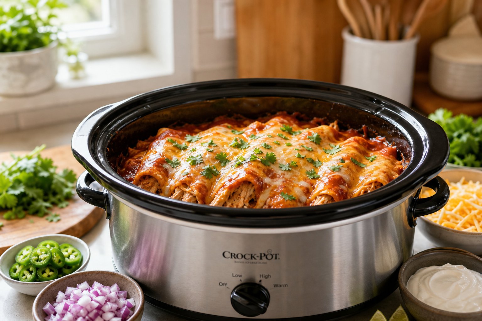27 Crockpot Chicken Recipes for Effortless Weeknight Dinners 10 Slow-cooker filled with chicken enchiladas surrounded by fresh ingredients on a kitchen counter.