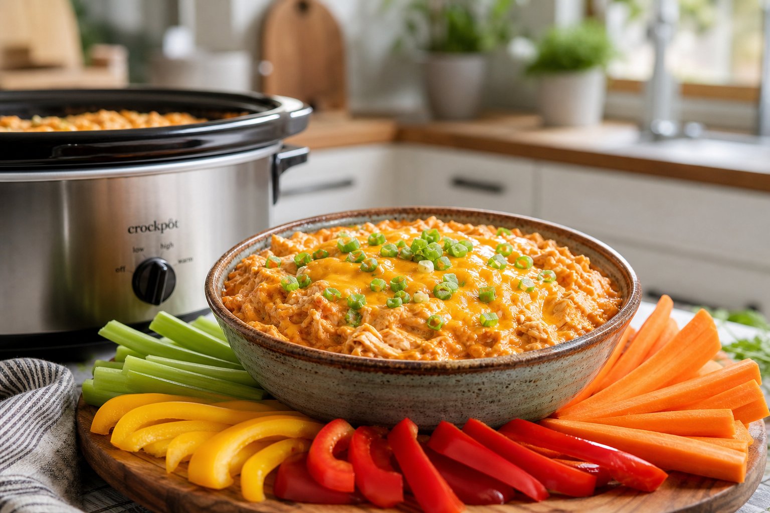 27 Crockpot Chicken Recipes for Effortless Weeknight Dinners 11 A bowl of buffalo chicken dip with vegetable sticks on a wooden board in a cozy kitchen setting.