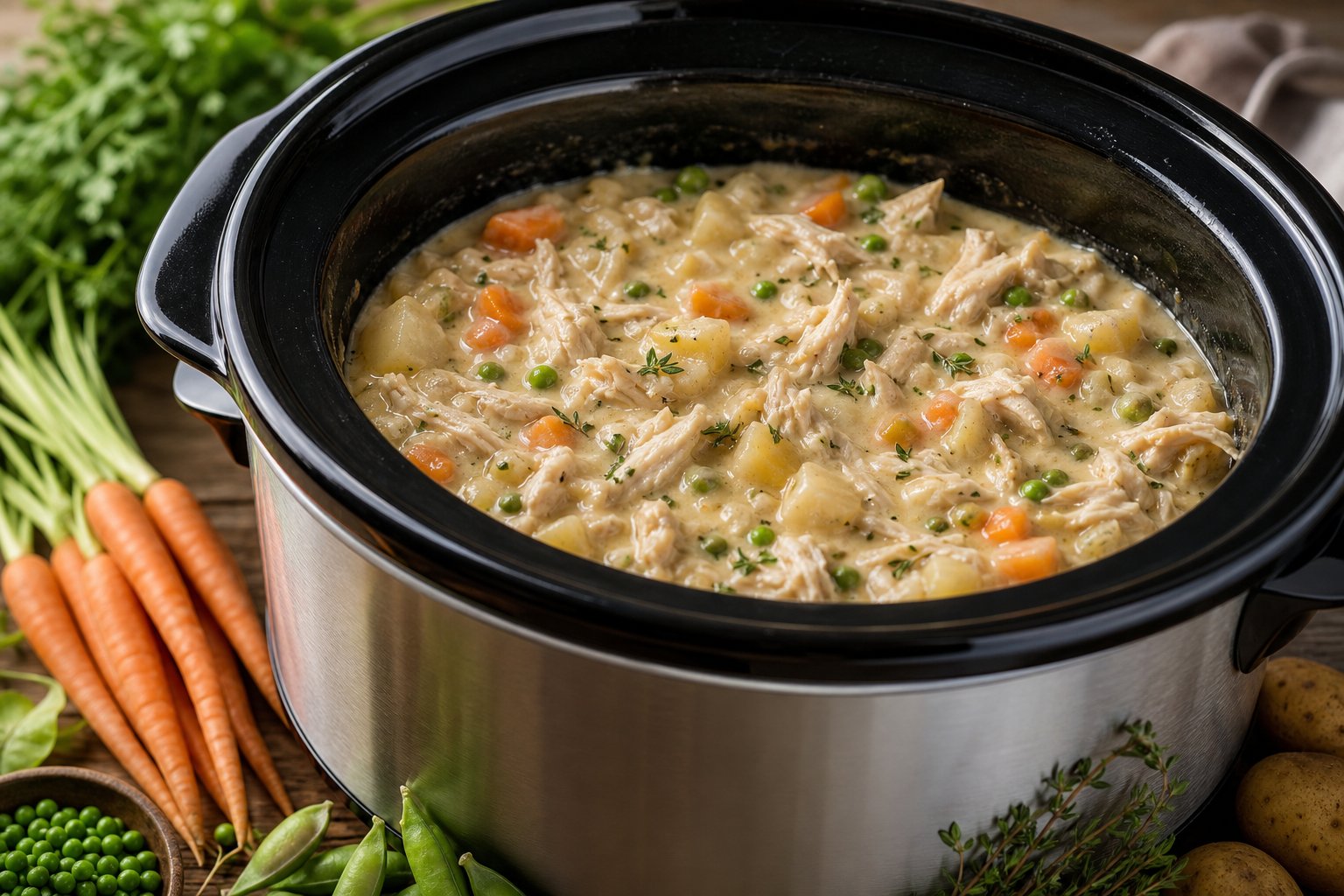 27 Crockpot Chicken Recipes for Effortless Weeknight Dinners 12 Slow cooker filled with creamy chicken pot pie filling surrounded by fresh vegetables on a kitchen countertop.