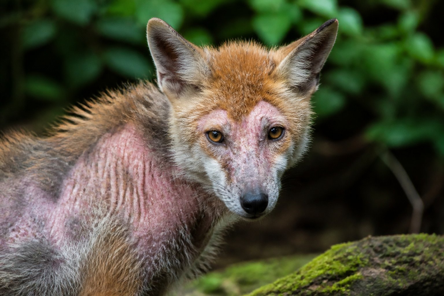 A wild fox in a forest with patchy fur and irritated skin on its face and upper body.