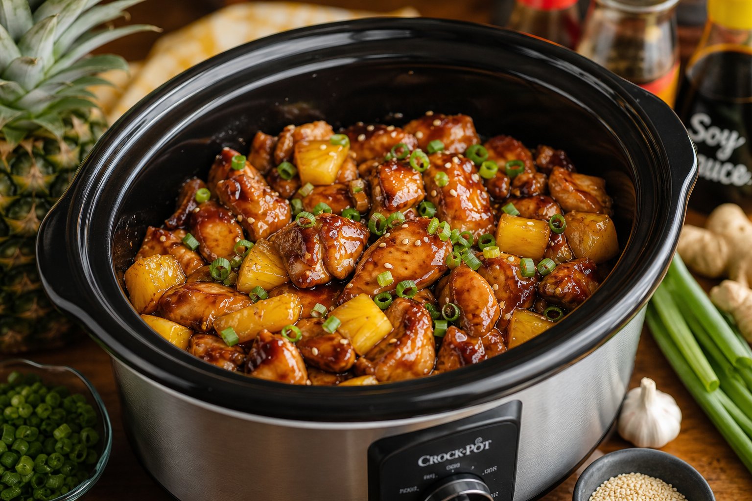 27 Crockpot Chicken Recipes for Effortless Weeknight Dinners 13 A crockpot filled with teriyaki chicken and pineapple chunks, garnished with green onions on a kitchen countertop with fresh ingredients around.