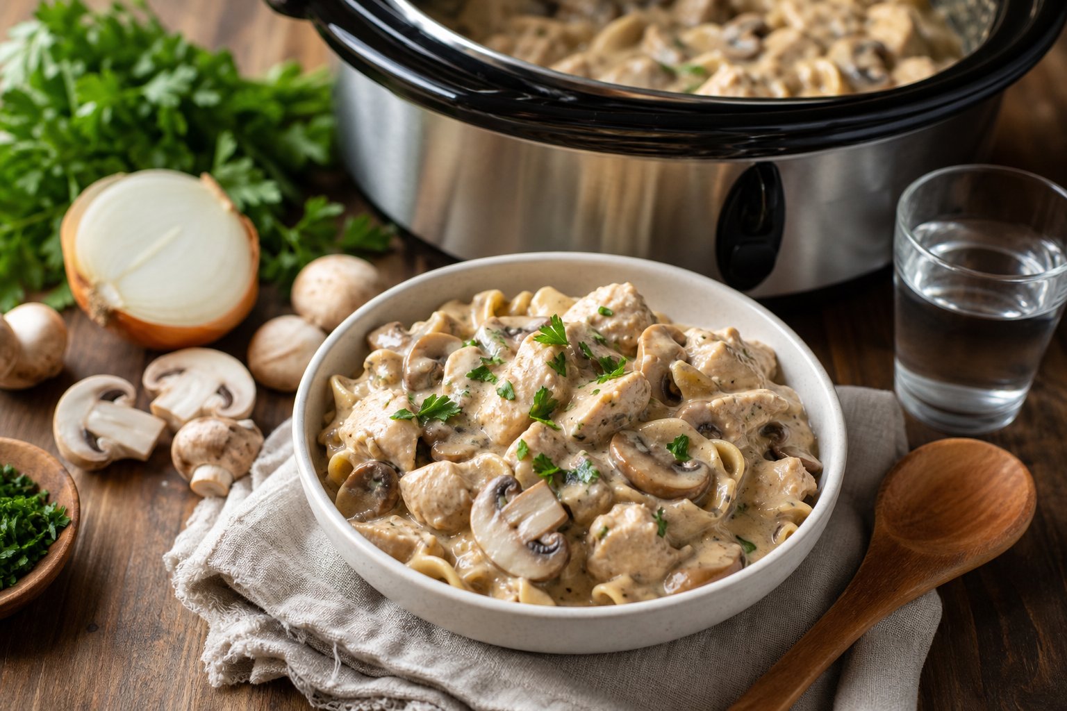 27 Crockpot Chicken Recipes for Effortless Weeknight Dinners 14 A bowl of creamy chicken stroganoff with mushrooms on a wooden table next to a slow cooker and fresh ingredients.