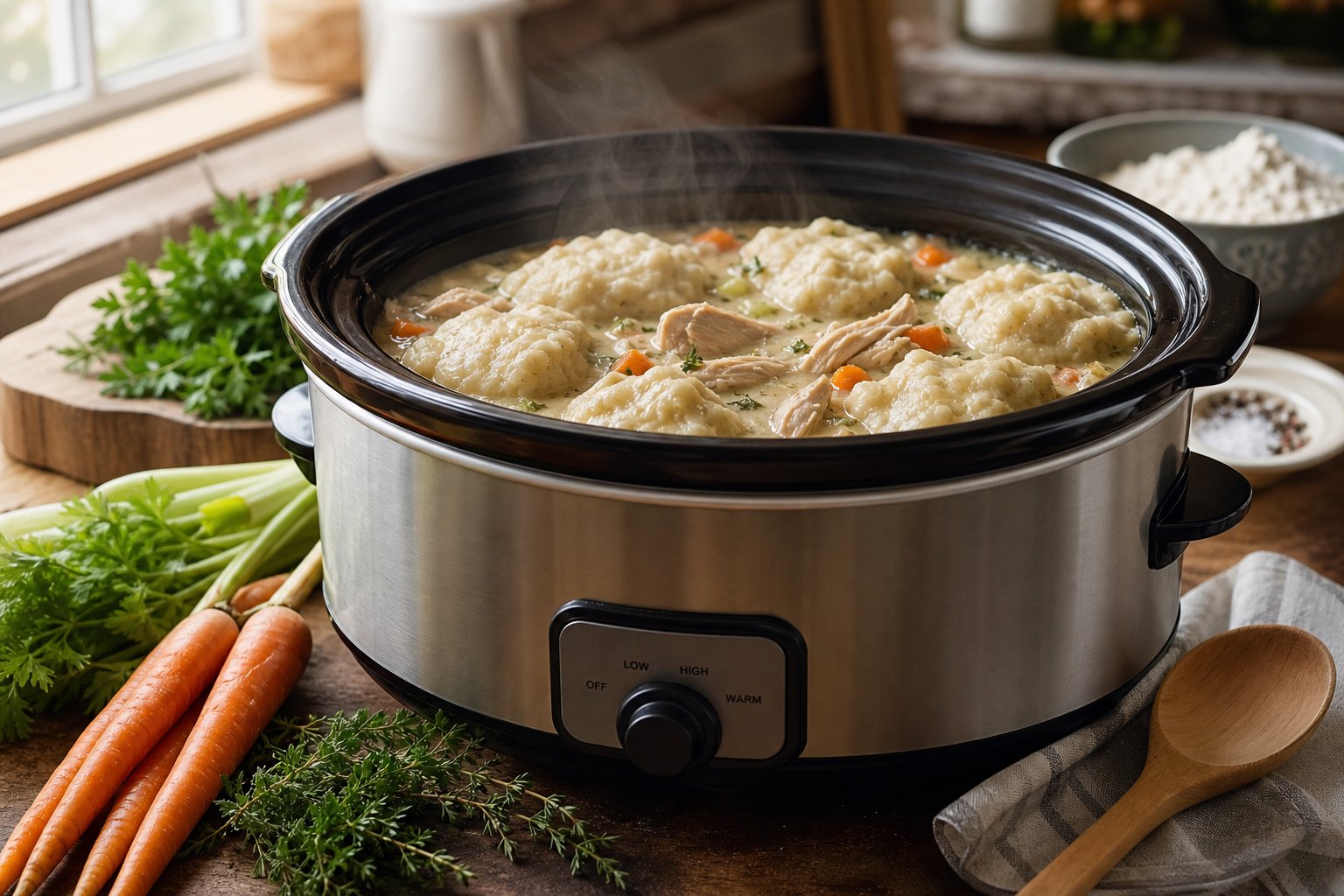 27 Crockpot Chicken Recipes for Effortless Weeknight Dinners 15 A crockpot filled with steaming chicken and dumplings on a wooden countertop surrounded by fresh vegetables and herbs.