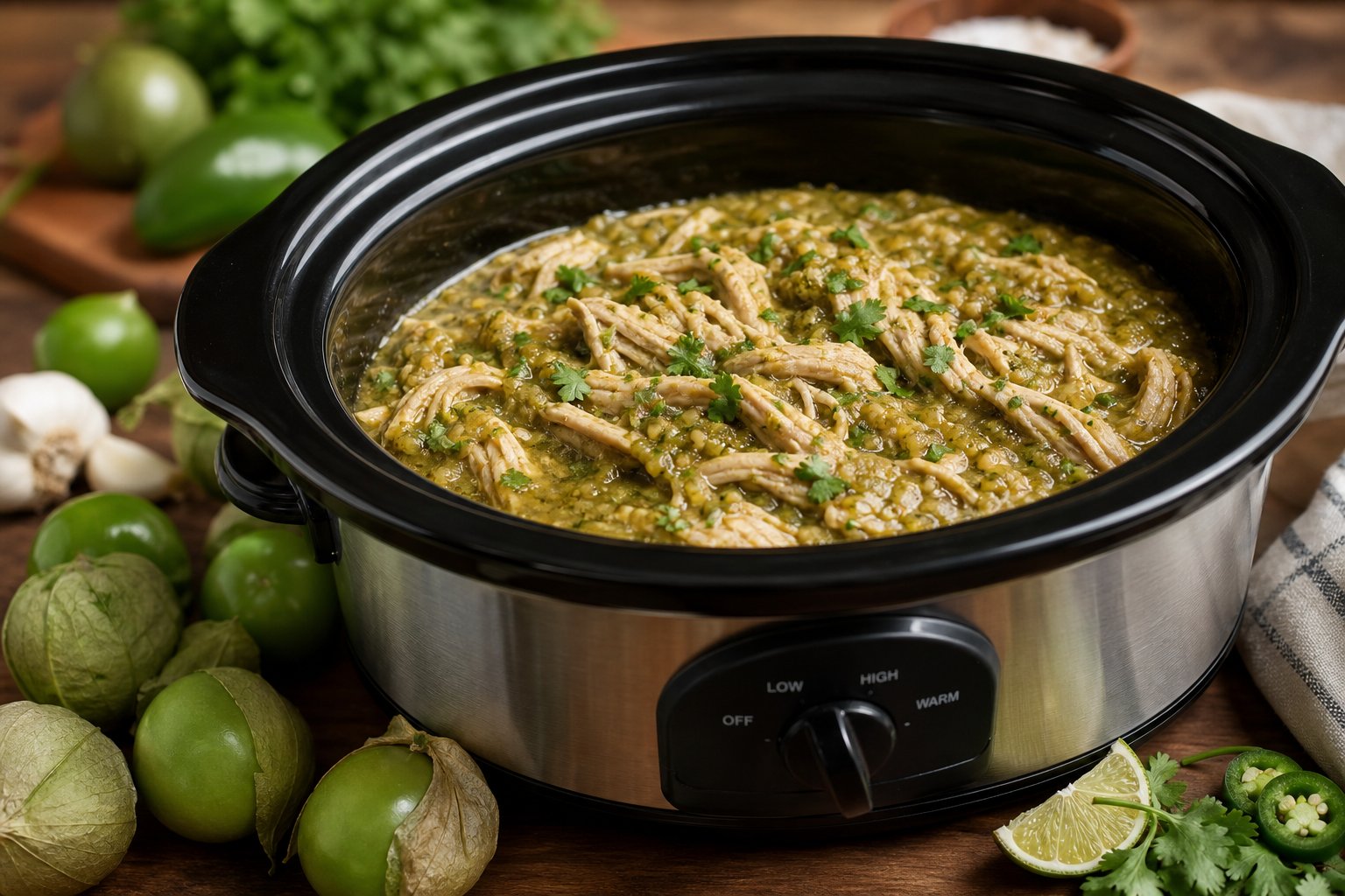 27 Crockpot Chicken Recipes for Effortless Weeknight Dinners 16 Slow cooker filled with green salsa chicken surrounded by fresh tomatillos, garlic, lime, cilantro, and jalapeños on a wooden countertop.