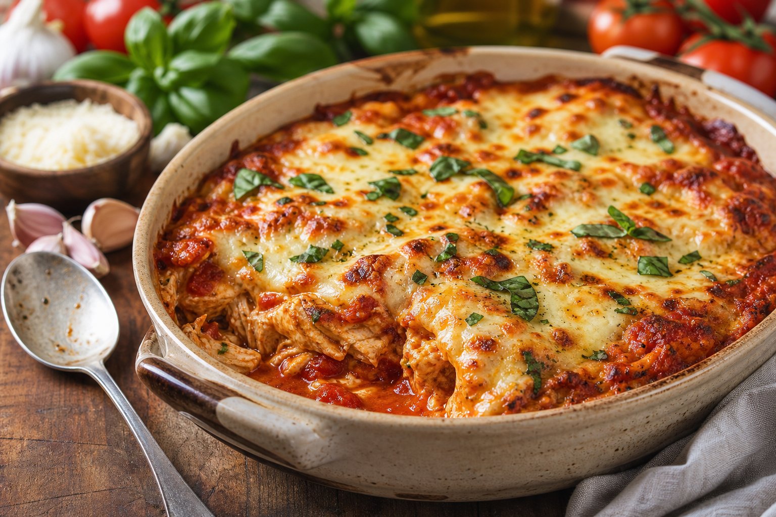 27 Crockpot Chicken Recipes for Effortless Weeknight Dinners 17 A cooked chicken parmesan casserole in a ceramic dish on a wooden table with fresh ingredients around it.