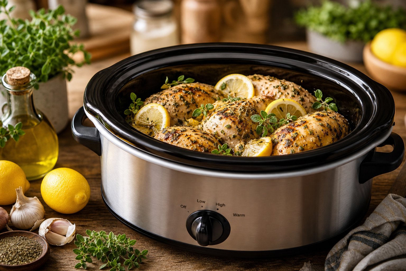 27 Crockpot Chicken Recipes for Effortless Weeknight Dinners 18 Slow cooker filled with cooked lemon-oregano chicken garnished with lemon slices and herbs on a wooden table with fresh ingredients around it.