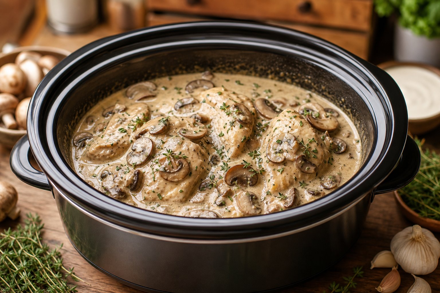 27 Crockpot Chicken Recipes for Effortless Weeknight Dinners 19 A crockpot filled with creamy mushroom chicken on a kitchen countertop surrounded by fresh mushrooms and herbs.