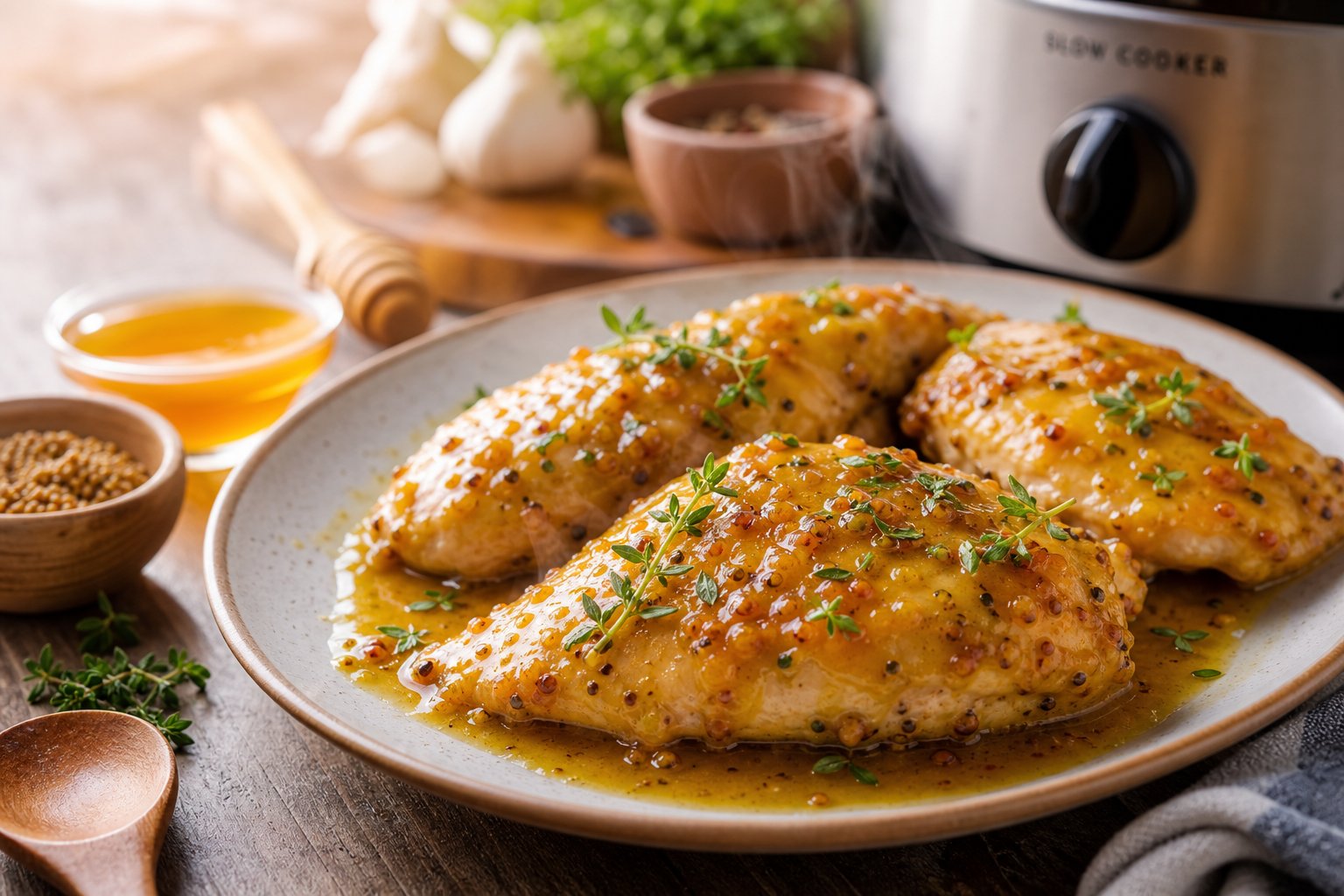 27 Crockpot Chicken Recipes for Effortless Weeknight Dinners 20 Close-up of glazed honey mustard chicken breasts in a slow cooker with fresh herbs and kitchen ingredients around.