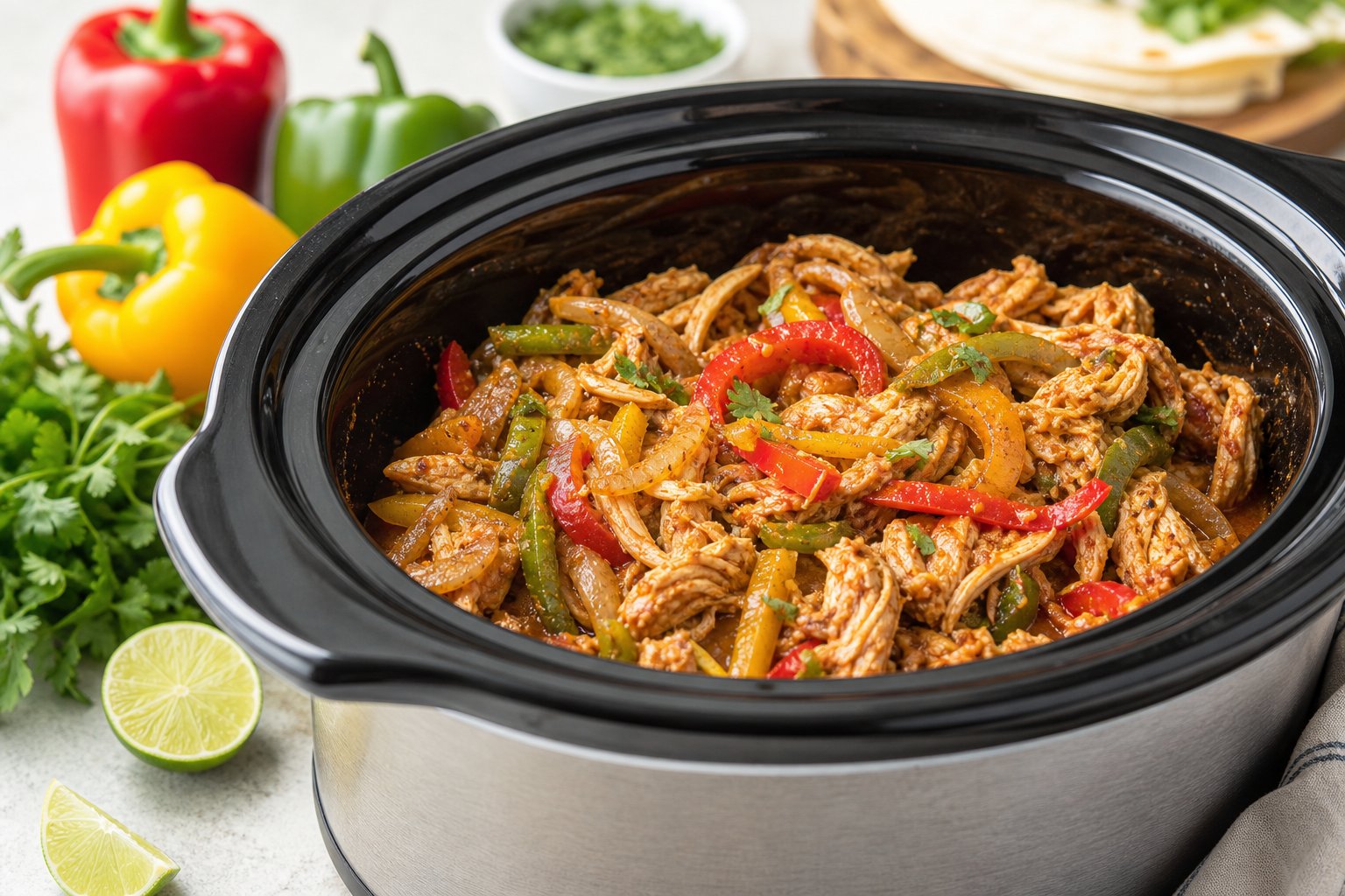 27 Crockpot Chicken Recipes for Effortless Weeknight Dinners 21 Close-up of a crockpot filled with chicken fajita filling including bell peppers and onions on a kitchen countertop with fresh ingredients nearby.