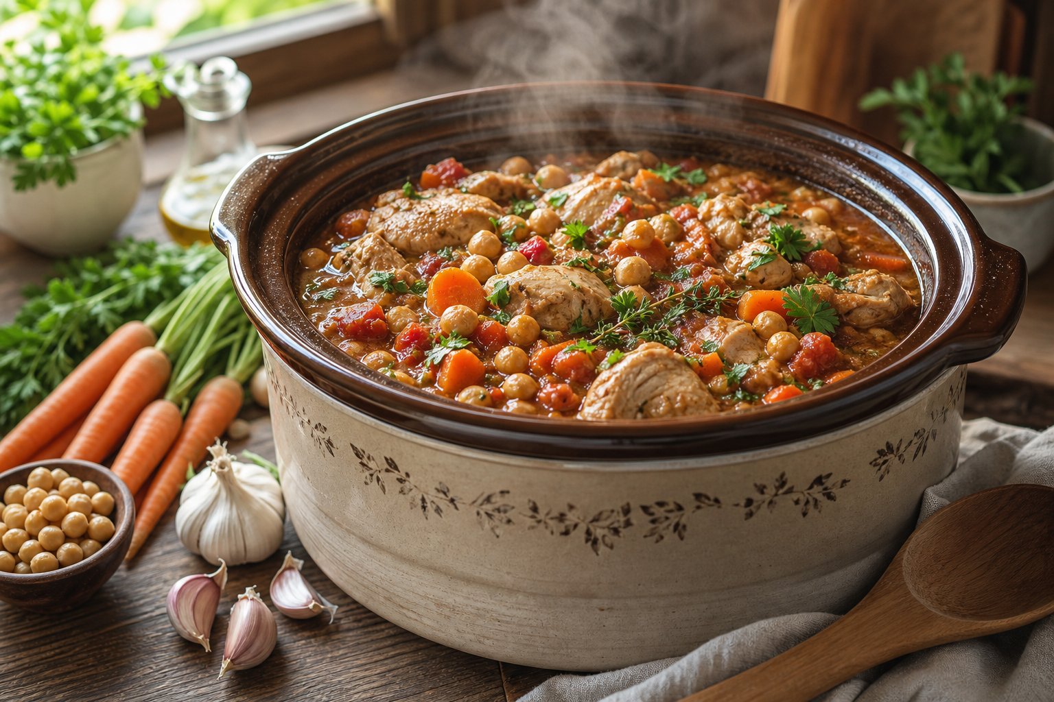 27 Crockpot Chicken Recipes for Effortless Weeknight Dinners 22 A slow cooker filled with chicken and chickpea stew on a wooden countertop surrounded by fresh ingredients.