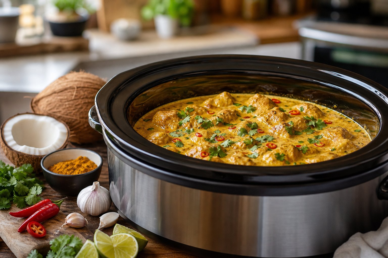 27 Crockpot Chicken Recipes for Effortless Weeknight Dinners 23 A crockpot filled with coconut curry chicken surrounded by fresh ingredients on a kitchen countertop.